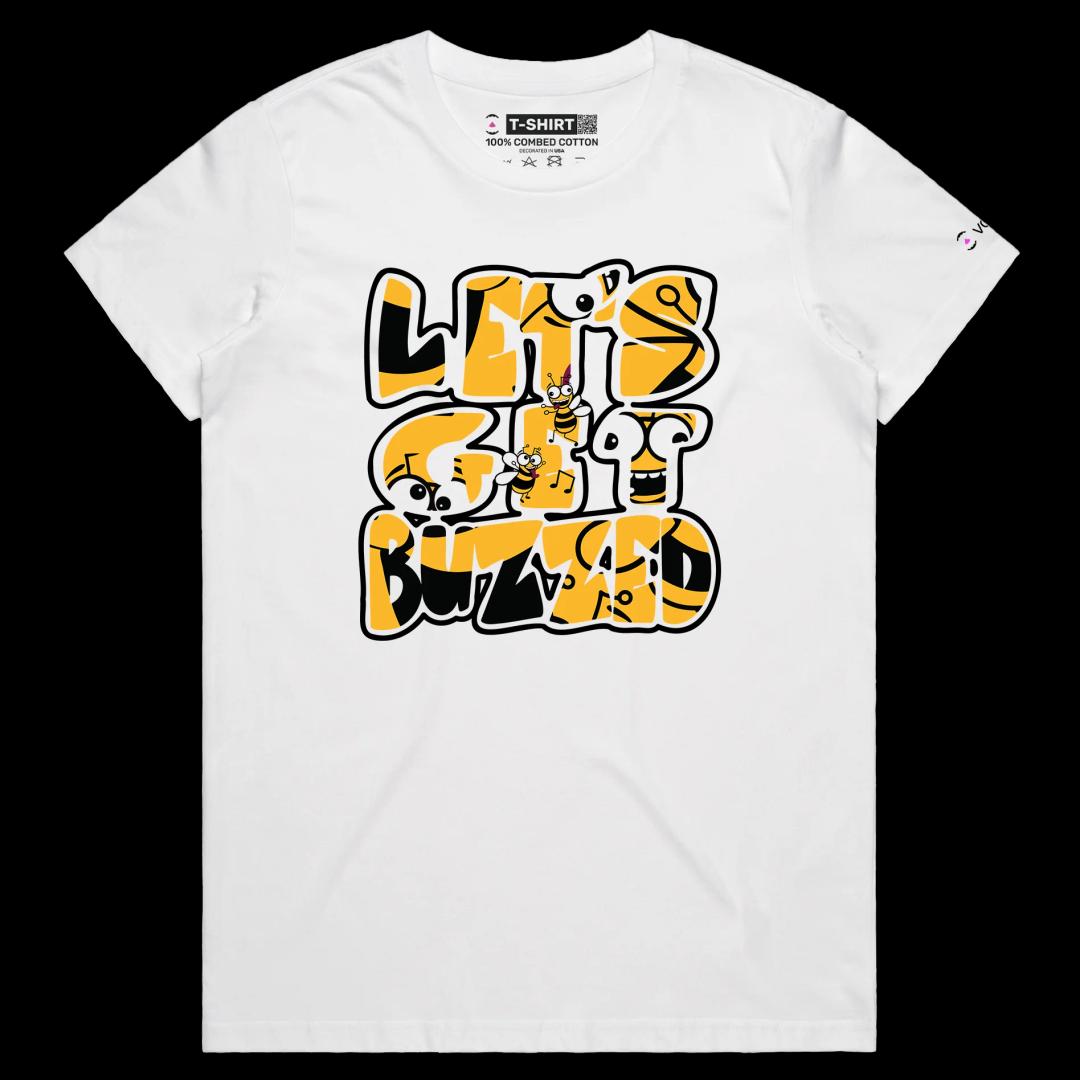 VOICEART White Female Regular Drunk Bees Funny tshirt Premium Graphic Design Lets Get Buzzed Feel Good Tee for Hanging Out v1