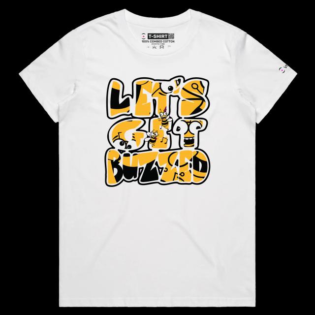 VOICEART White Female Regular Drunk Bees Funny tshirt Premium Graphic Design Lets Get Buzzed Feel Good Tee for Hanging Out v1