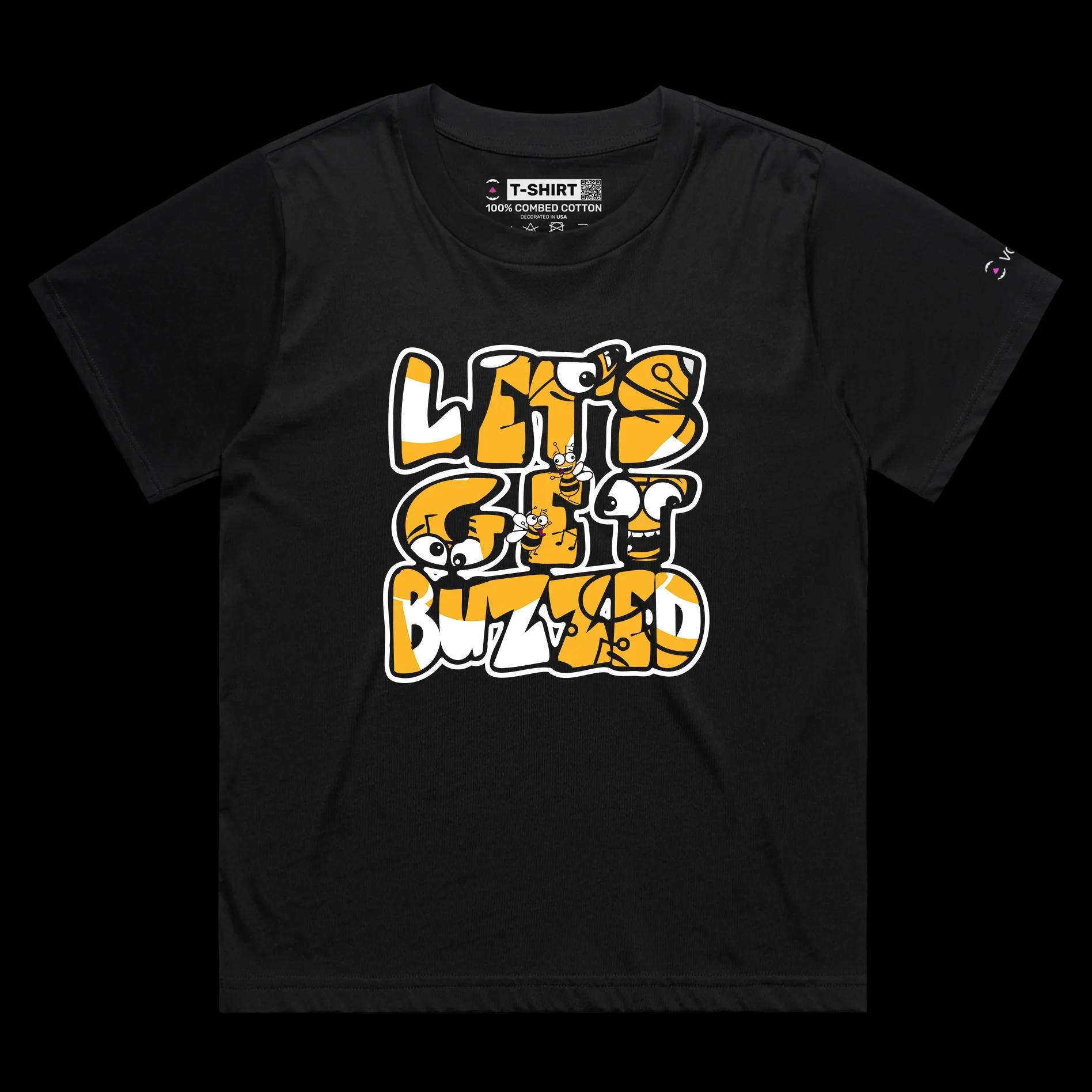 VOICEART Black Female Loose Drunk Bees Funny tshirt Premium Graphic Design Lets Get Buzzed Feel Good Tee for Hanging Out v1