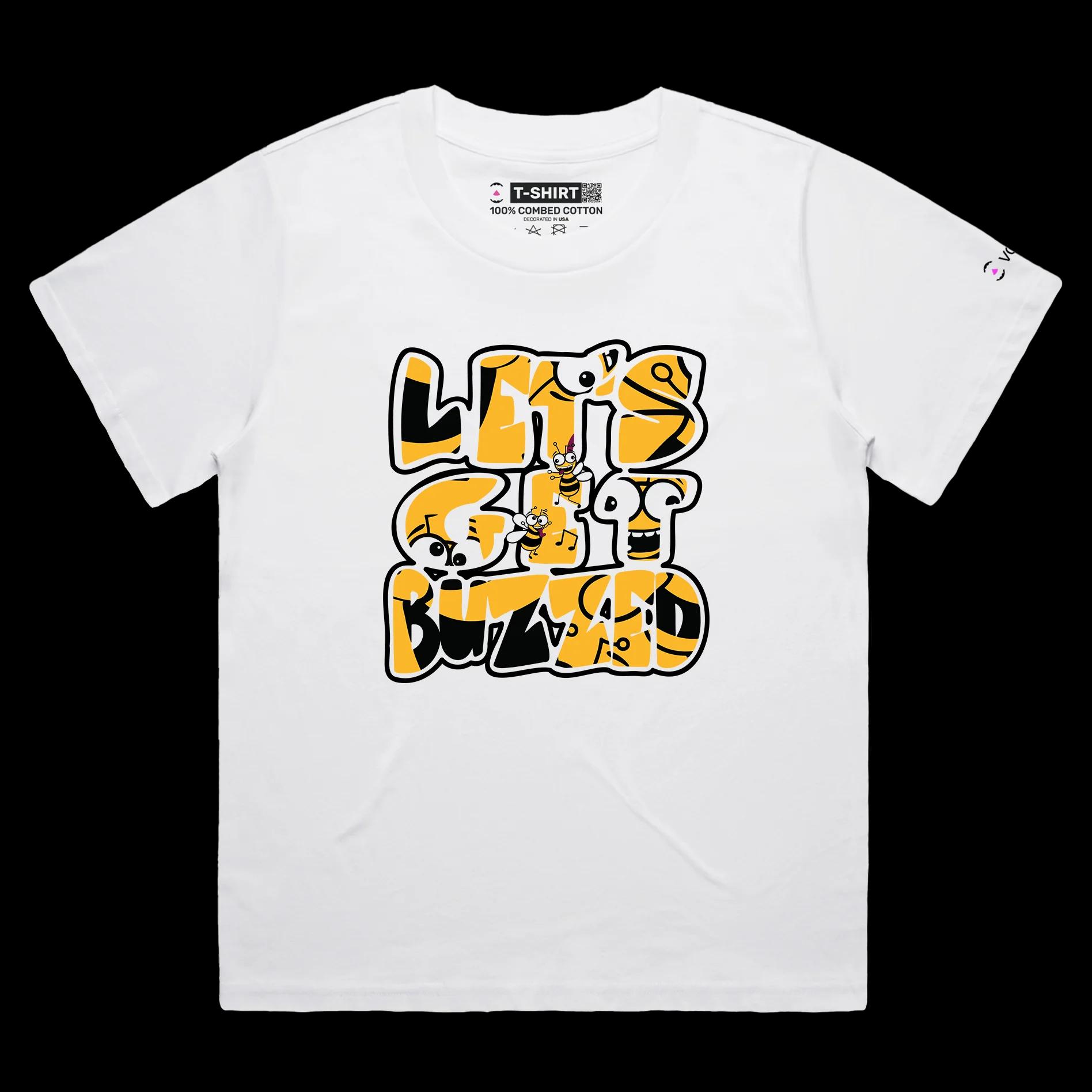 VOICEART White Female Loose Drunk Bees Funny tshirt Premium Graphic Design Lets Get Buzzed Feel Good Tee for Hanging Out v1