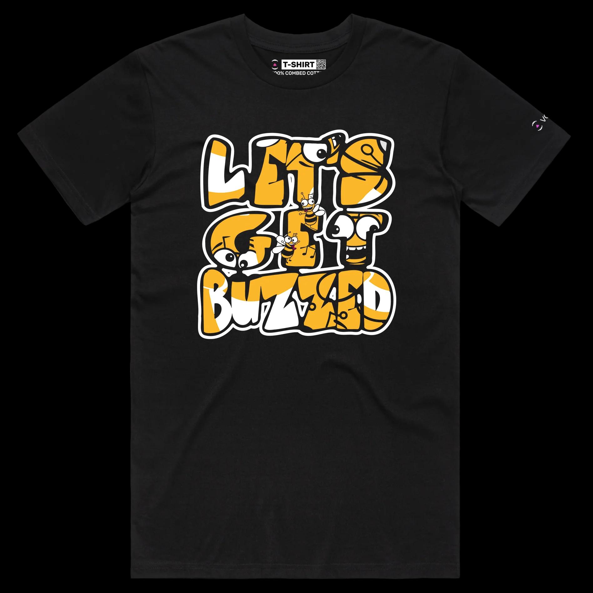 VOICEART Black Male Regular Drunk Bees Funny tshirt Premium Graphic Design Lets Get Buzzed Feel Good Tee for Hanging Out v1