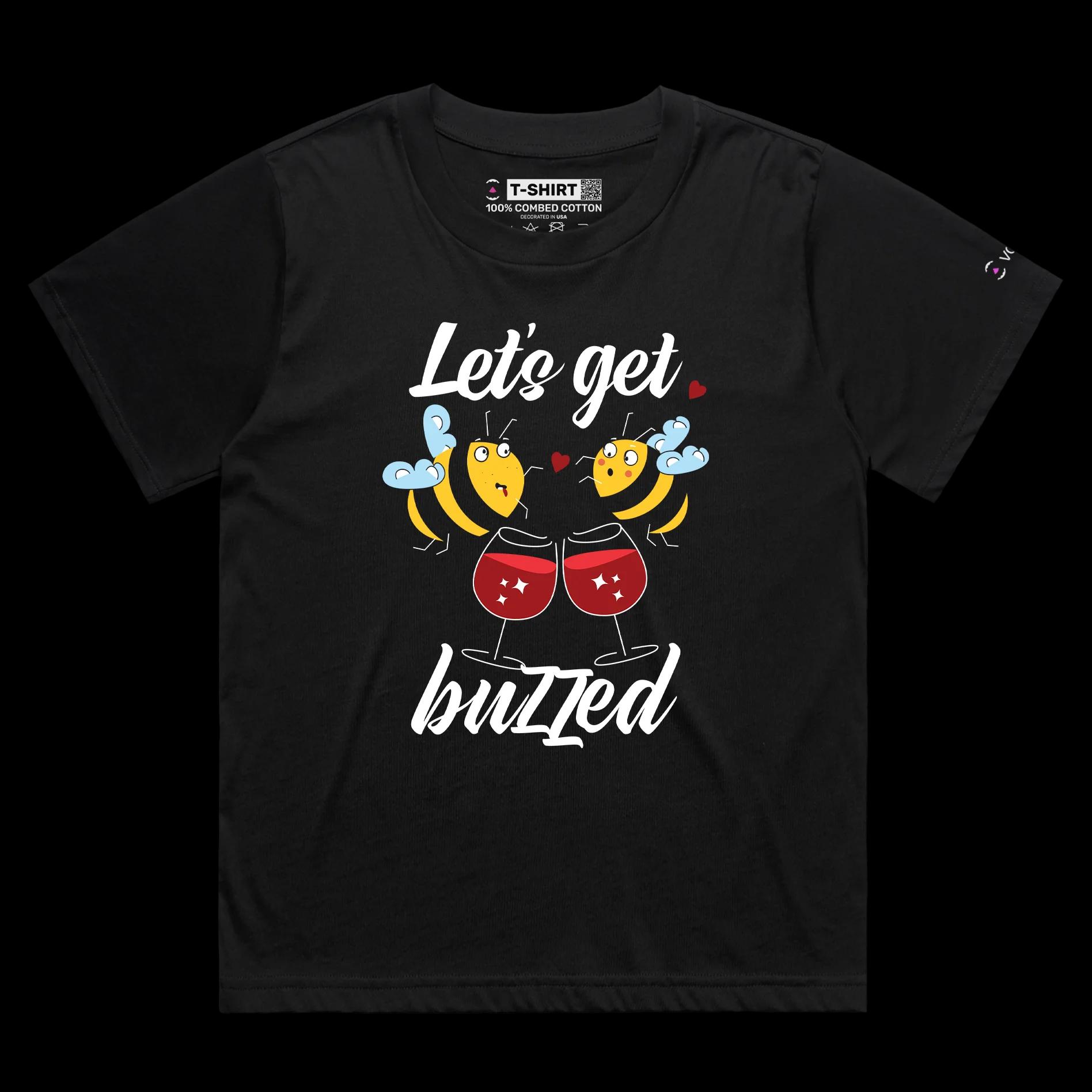 VOICEART Black Female Loose Drunk Bees Funny tshirt Premium Graphic Design Lets Get Buzzed Feel Good Tee for Hanging Out v2