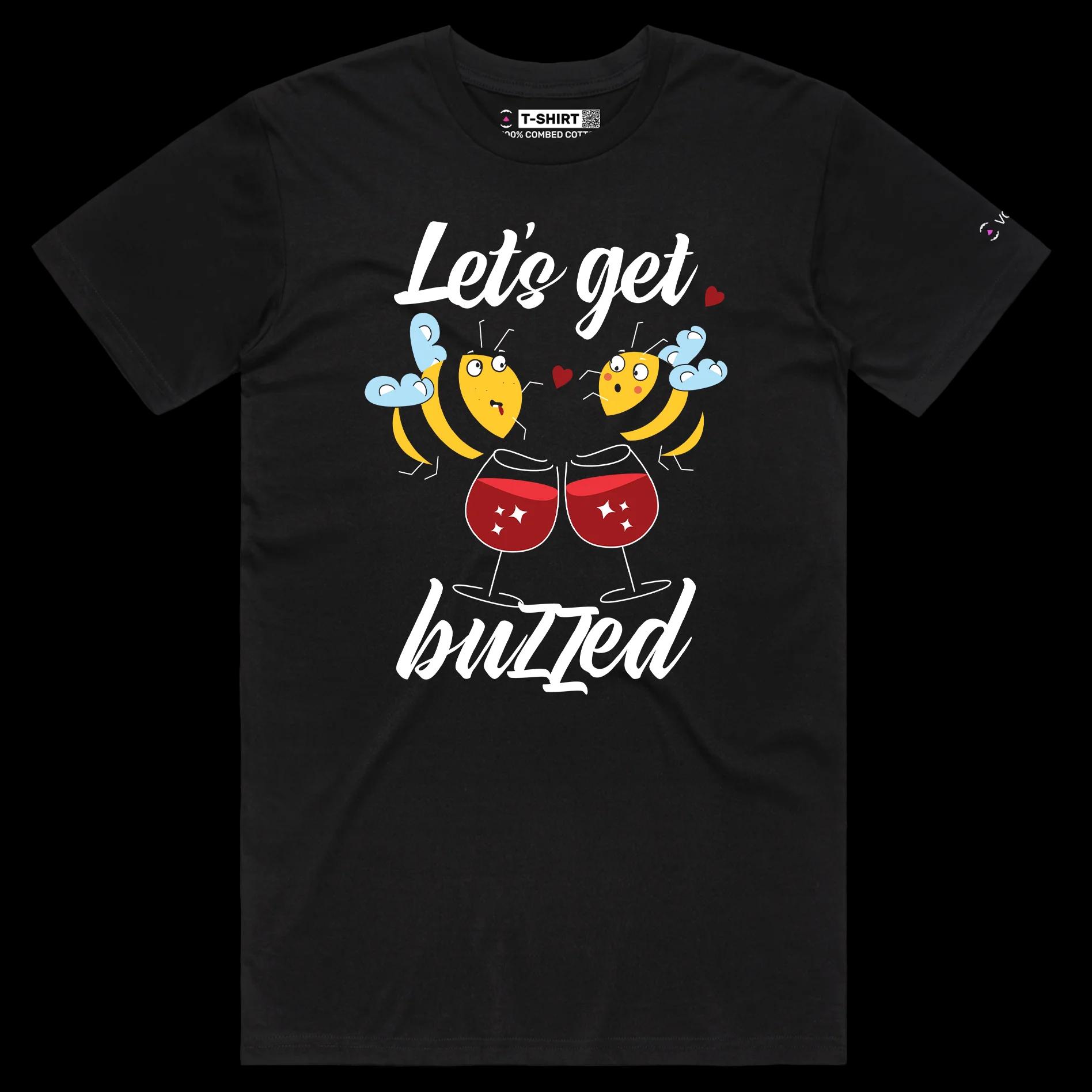 VOICEART Black Female Regular Drunk Bees Funny tshirt Premium Graphic Design Lets Get Buzzed Feel Good Tee for Hanging Out v2