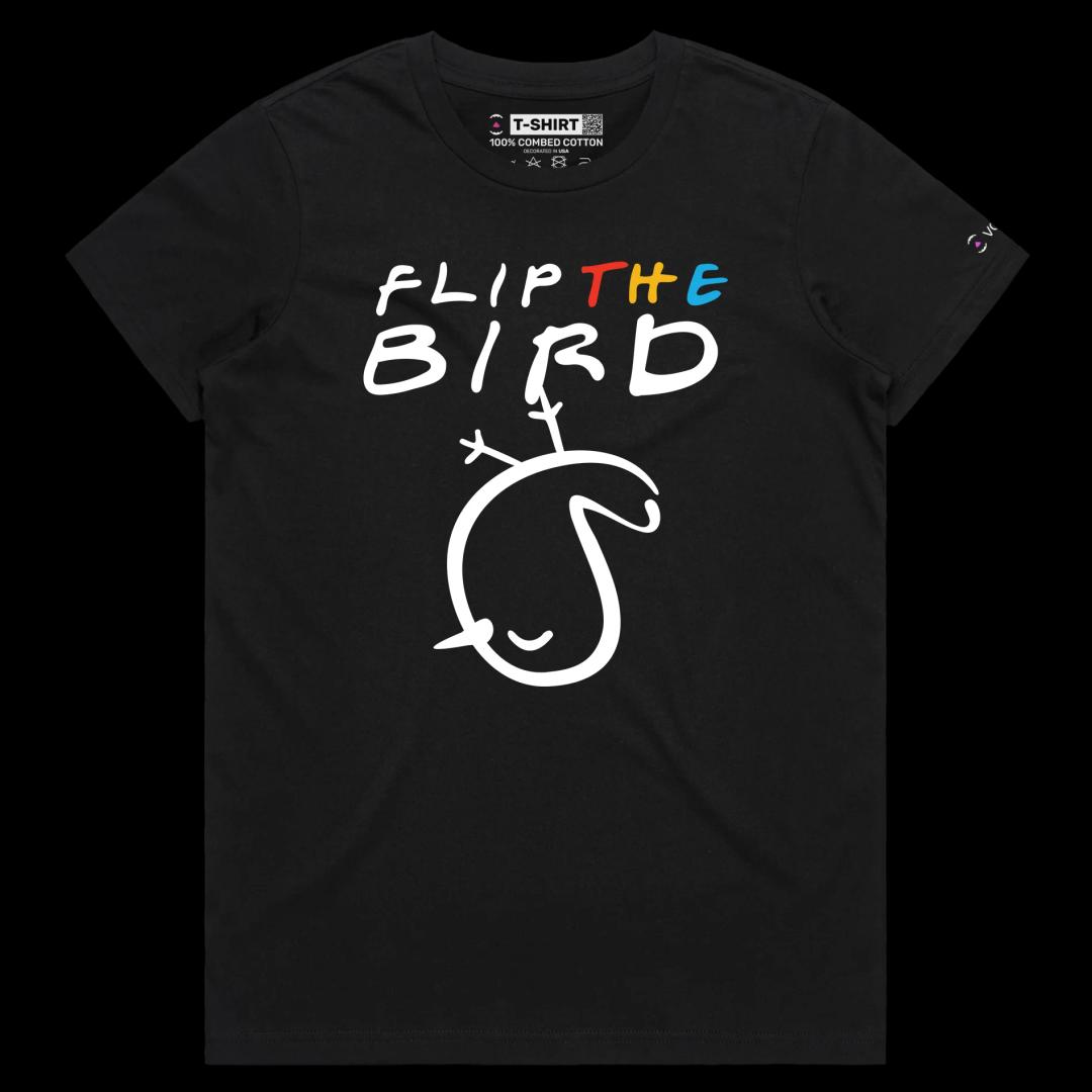 VOICEART Black Female Regular Flip the Bird Funny T-shirt Premium Graphic Design Birds and Fingers Impolite Wordplay Tee v1