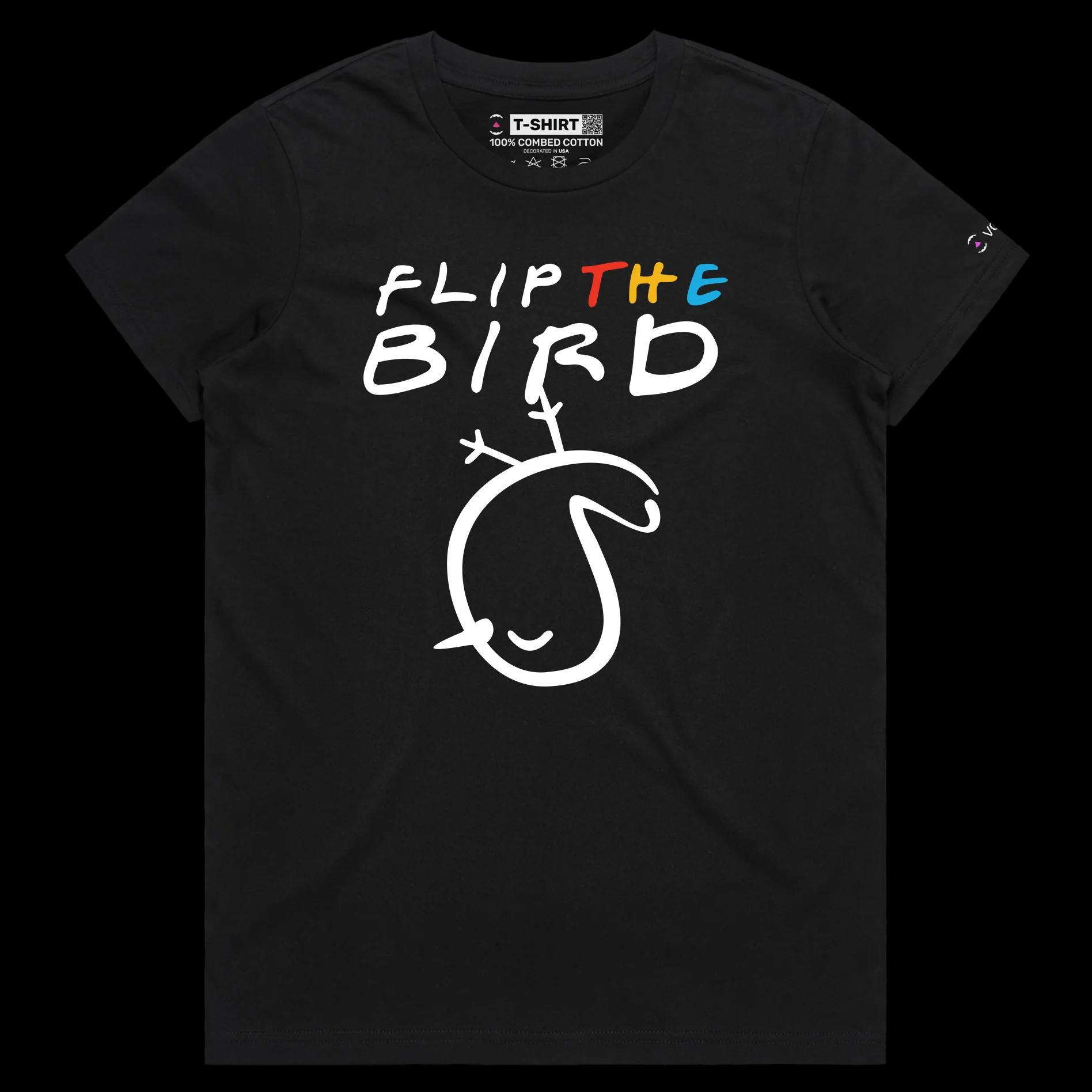 VOICEART Black Female Regular Flip the Bird Funny T-shirt Premium Graphic Design Birds and Fingers Impolite Wordplay Tee v1
