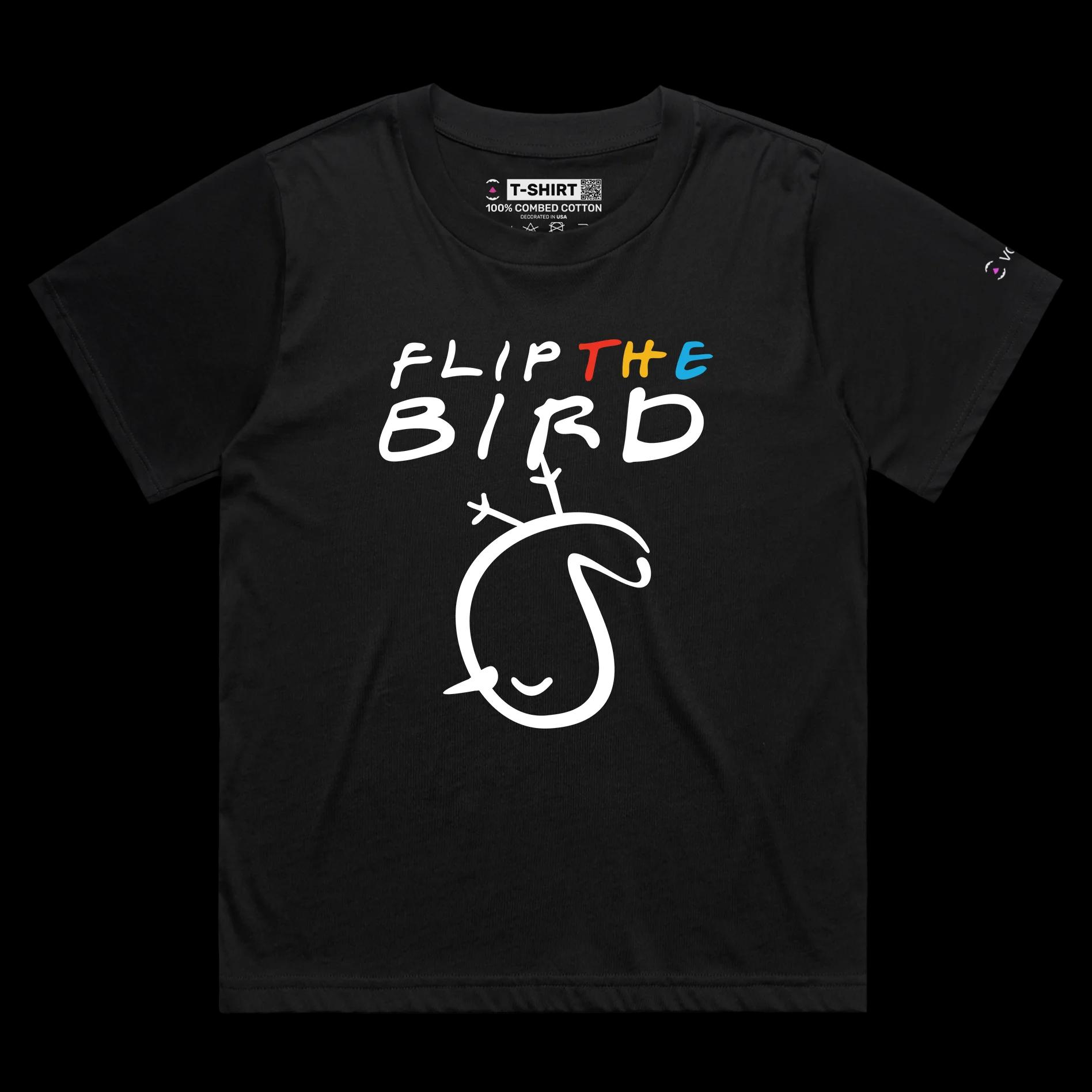 VOICEART Black Female Loose Flip the Bird Funny T-shirt Premium Graphic Design Birds and Fingers Impolite Wordplay Tee v1