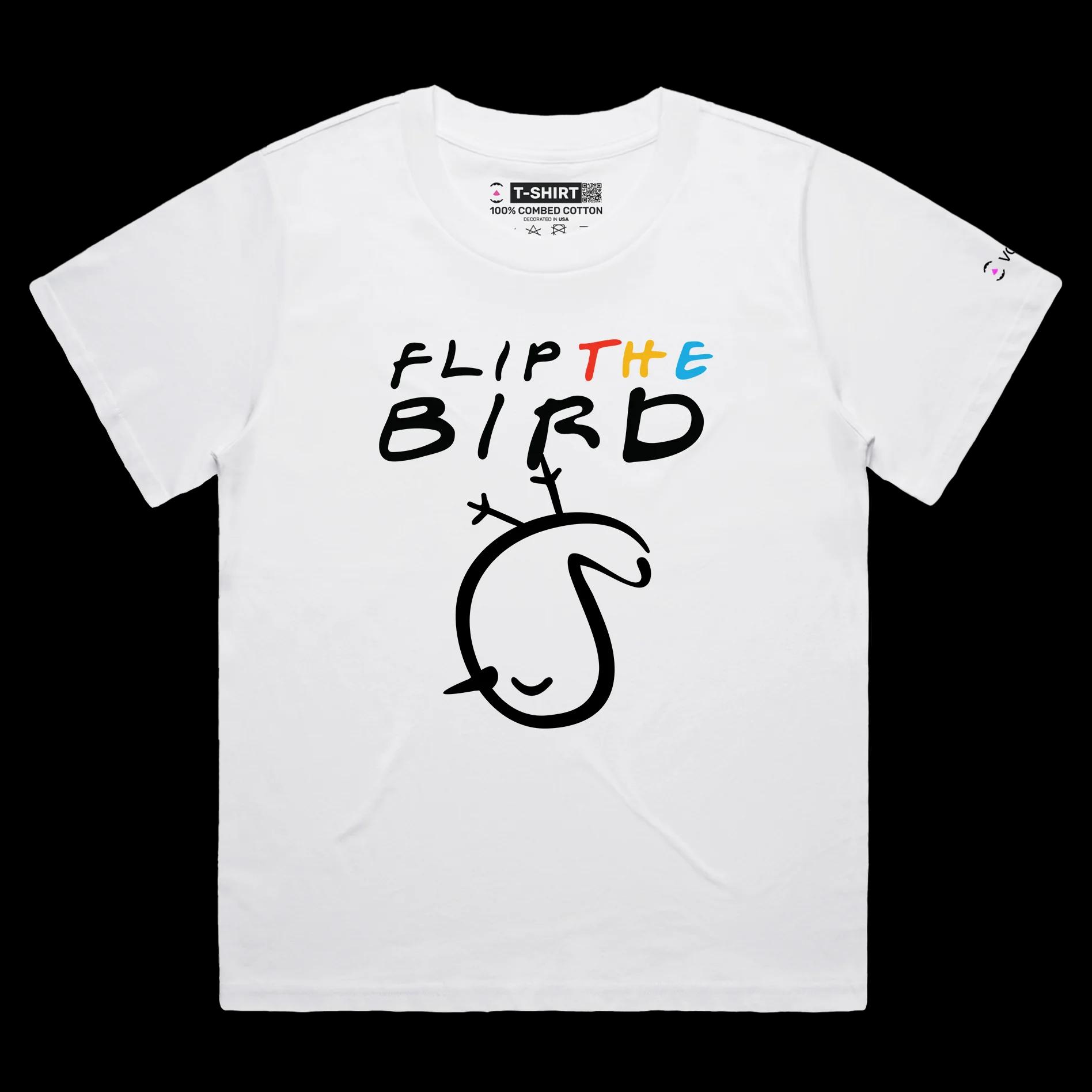 VOICEART White Female Loose Flip the Bird Funny T-shirt Premium Graphic Design Birds and Fingers Impolite Wordplay Tee v1