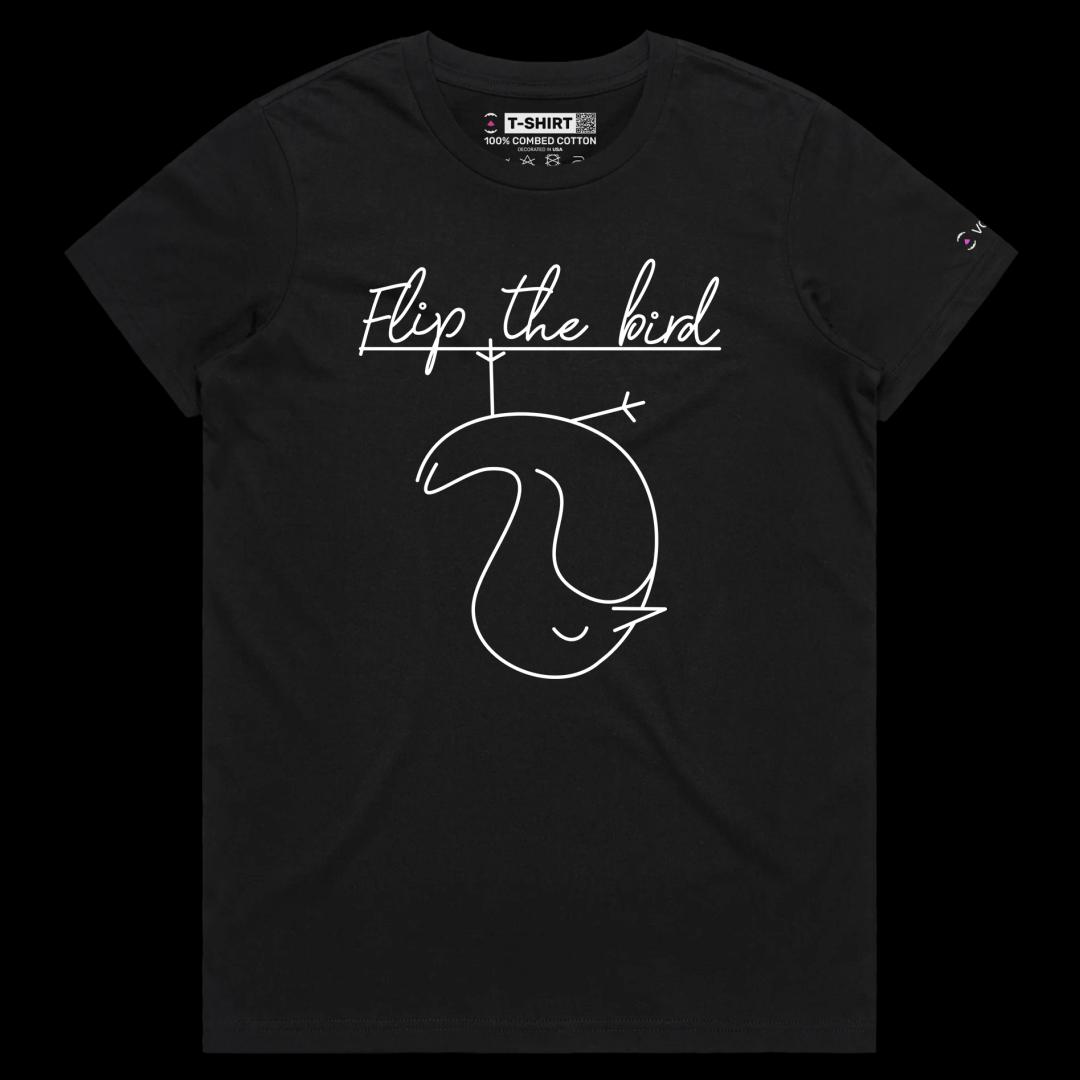 VOICEART Black Female Regular Flip the Bird Funny T-shirt Premium Graphic Design Birds and Fingers Impolite Wordplay Tee v4