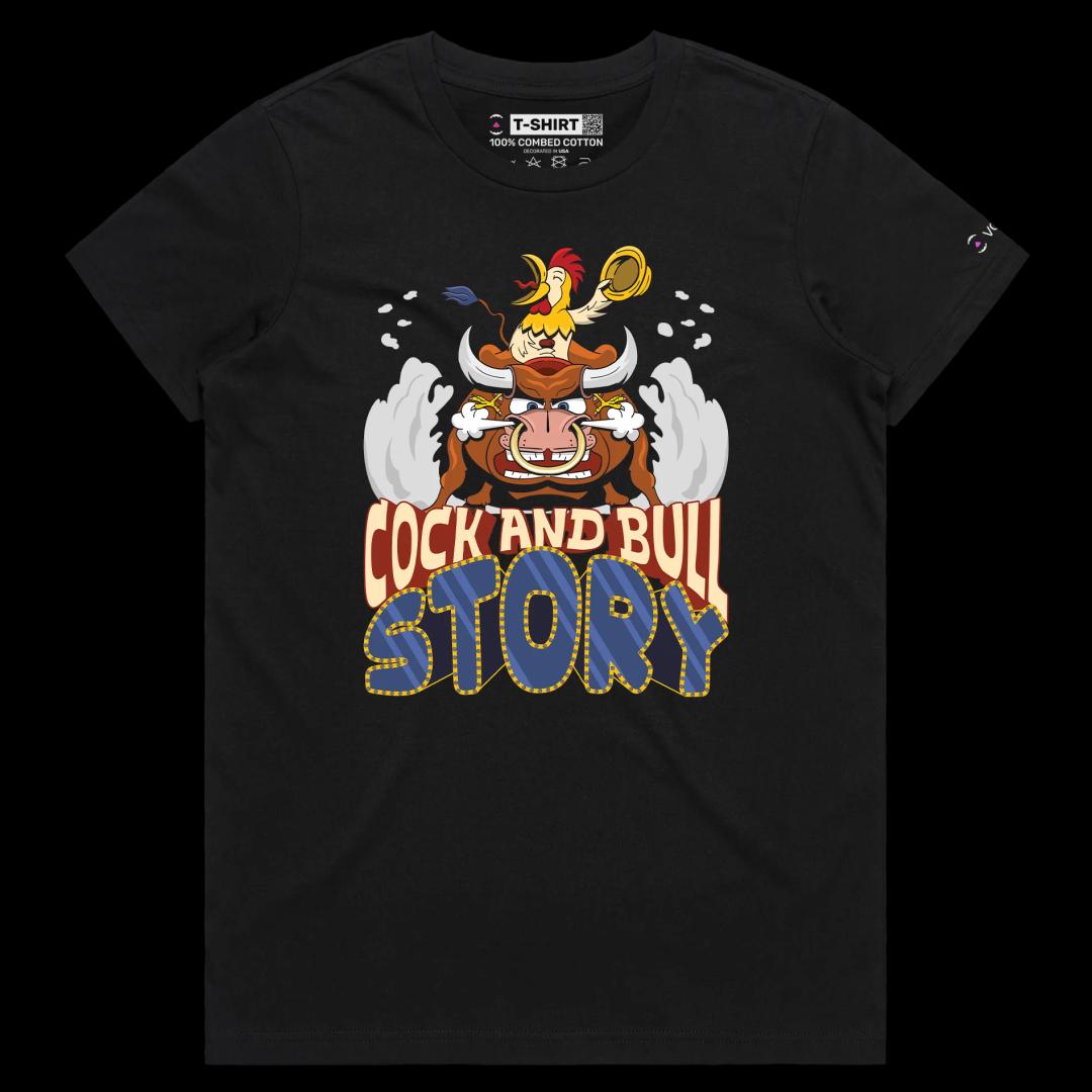 VOICEART Black Female Regular Cock and Bull Funny Animals T-shirt Premium Graphic Design Rooster Riding a Bull Clever Tee