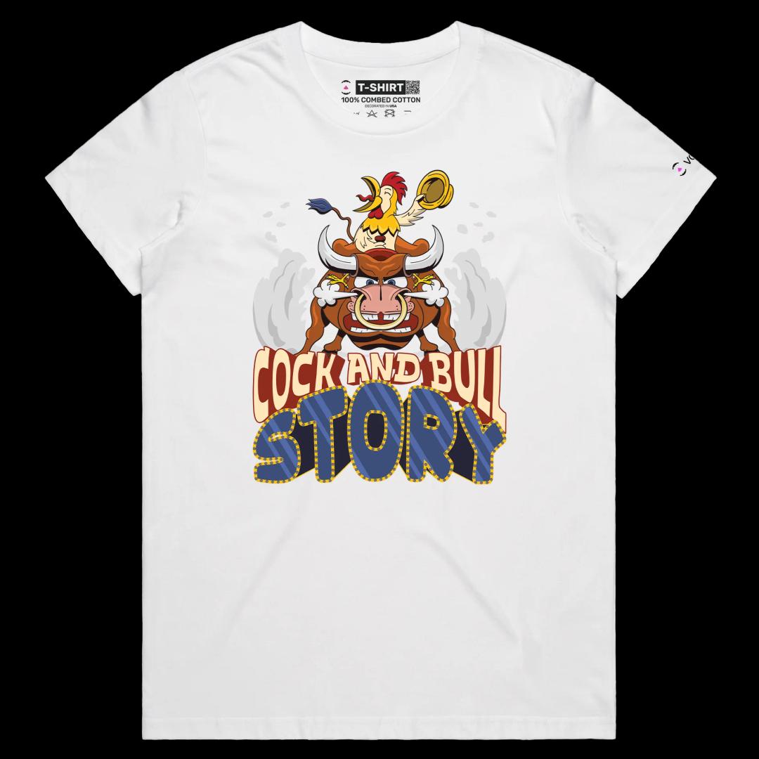 VOICEART White Female Regular Cock and Bull Funny Animals T-shirt Premium Graphic Design Rooster Riding a Bull Clever Tee