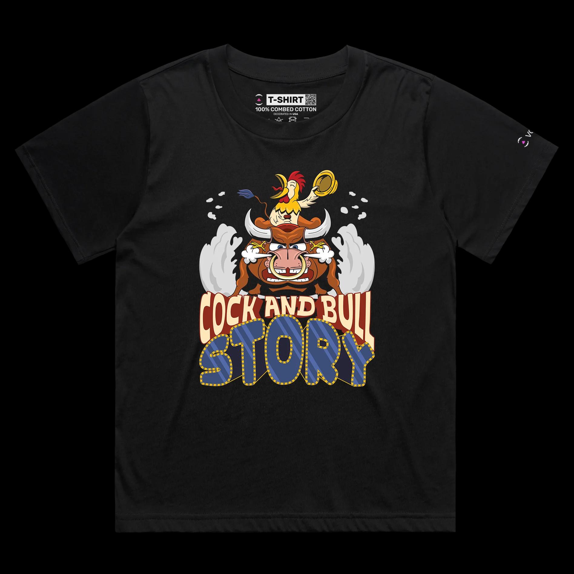 VOICEART Black Female Loose Cock and Bull Funny Animals T-shirt Premium Graphic Design Rooster Riding a Bull Clever Tee