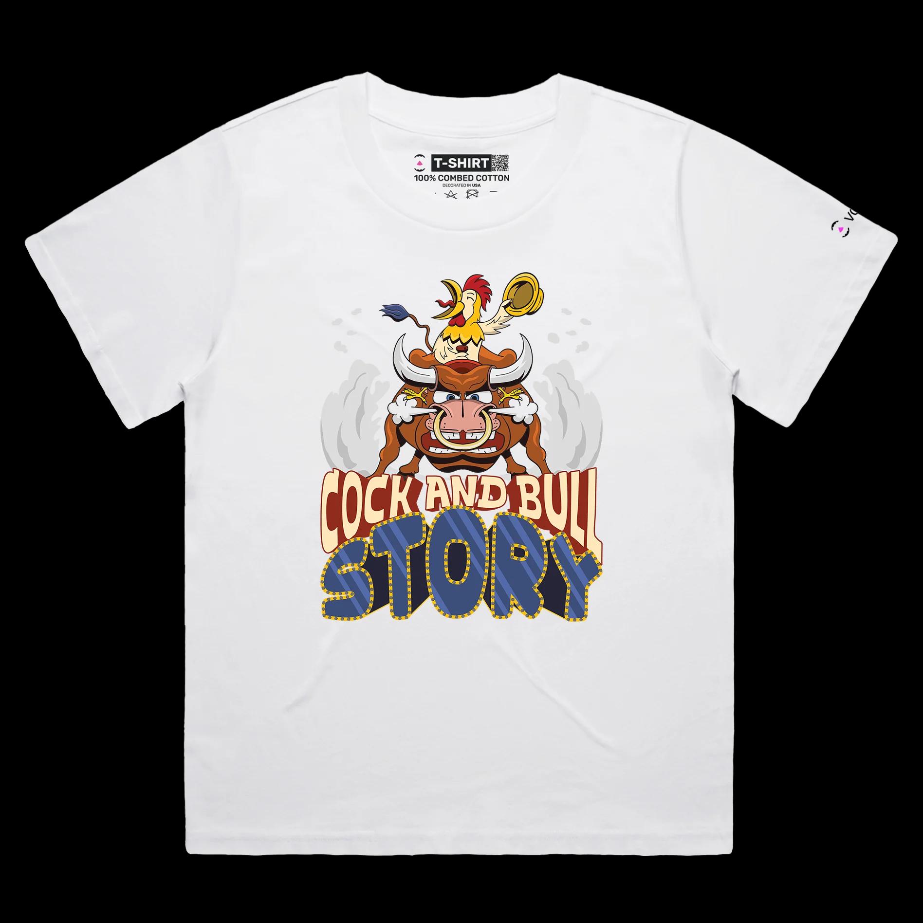 VOICEART White Female Loose Cock and Bull Funny Animals T-shirt Premium Graphic Design Rooster Riding a Bull Clever Tee