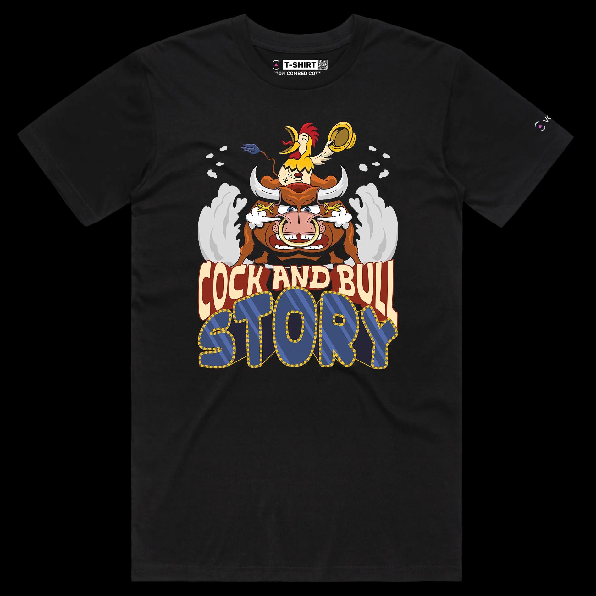 VOICEART Black Male Regular Cock and Bull Funny Animals T-shirt Premium Graphic Design Rooster Riding a Bull Clever Tee