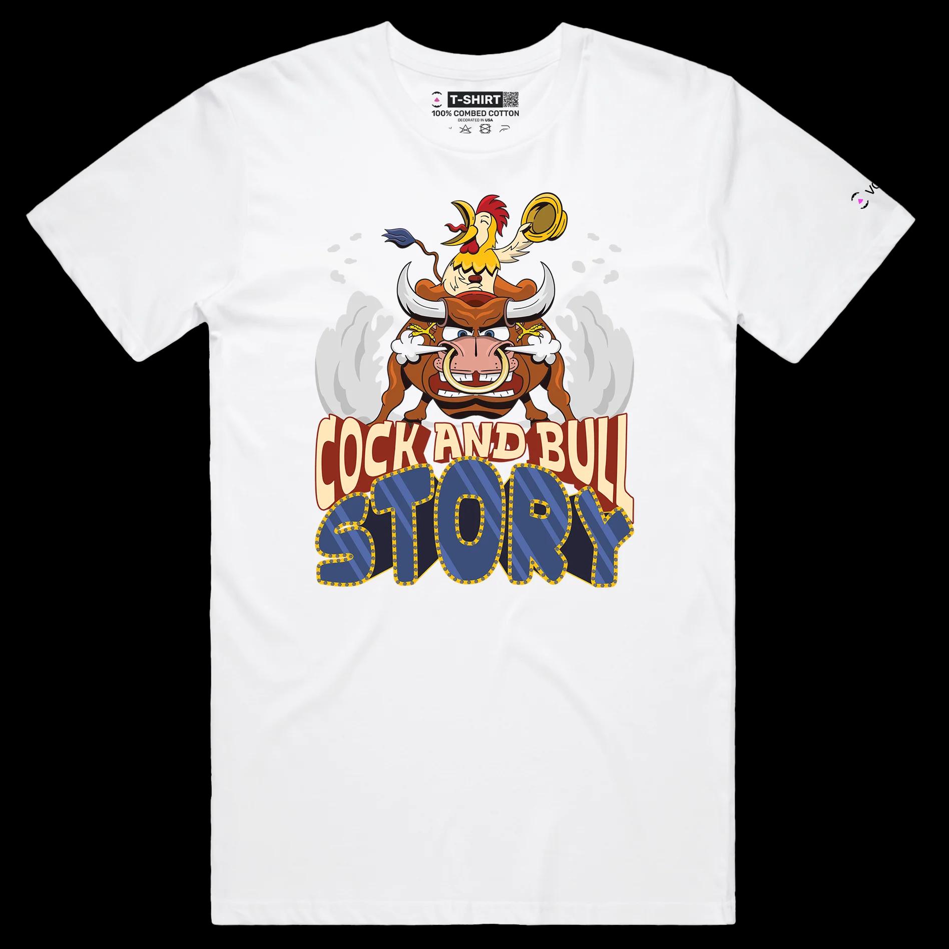 VOICEART White Male Regular Cock and Bull Funny Animals T-shirt Premium Graphic Design Rooster Riding a Bull Clever Tee
