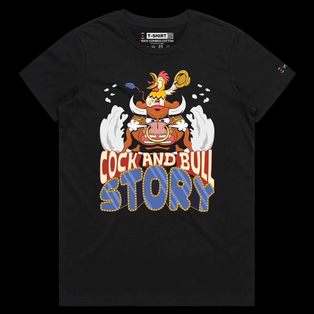 VOICEART Black Female Regular Cock and Bull Funny Animals T-shirt Premium Graphic Design Rooster Riding a Bull Clever Tee