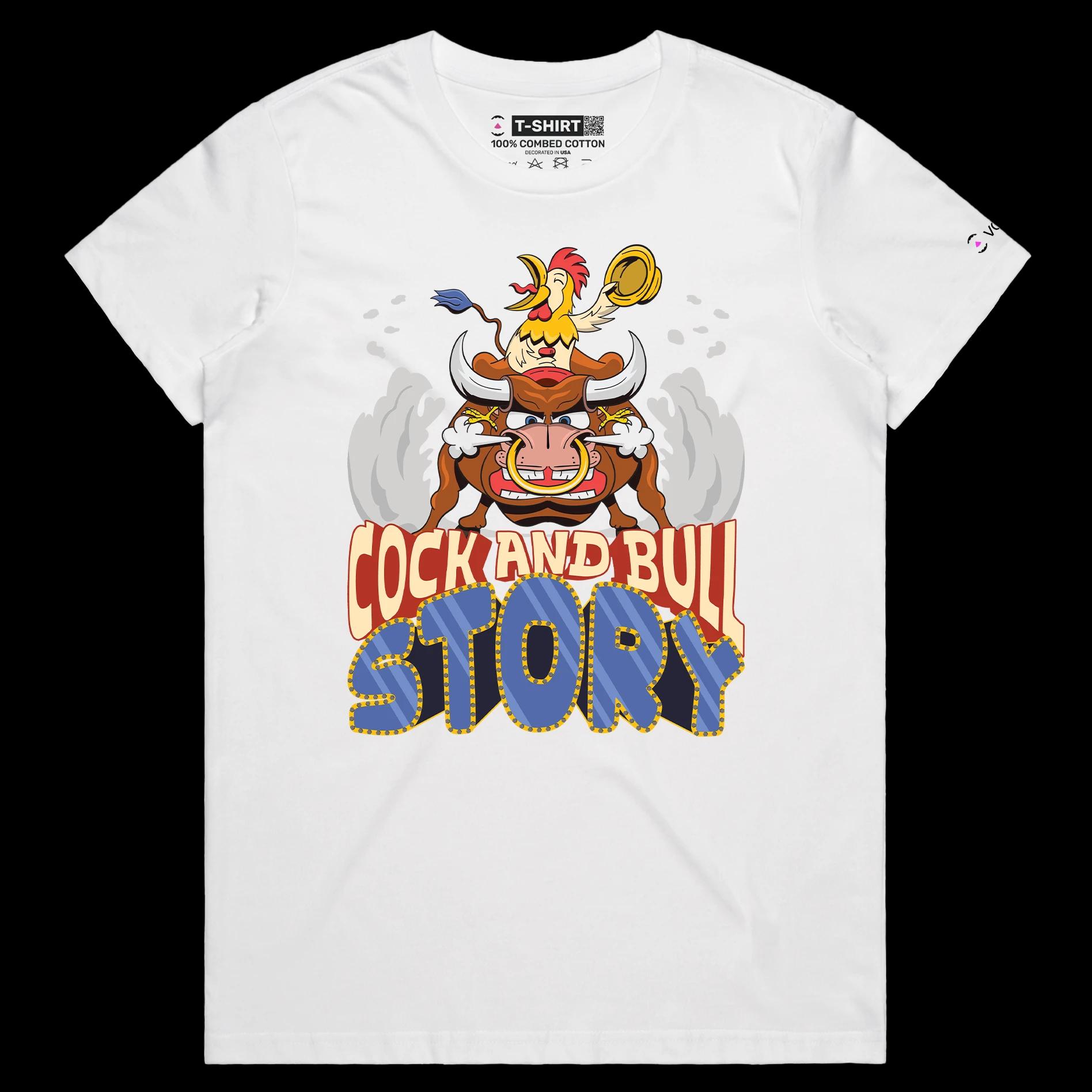VOICEART White Female Regular Cock and Bull Funny Animals T-shirt Premium Graphic Design Rooster Riding a Bull Clever Tee