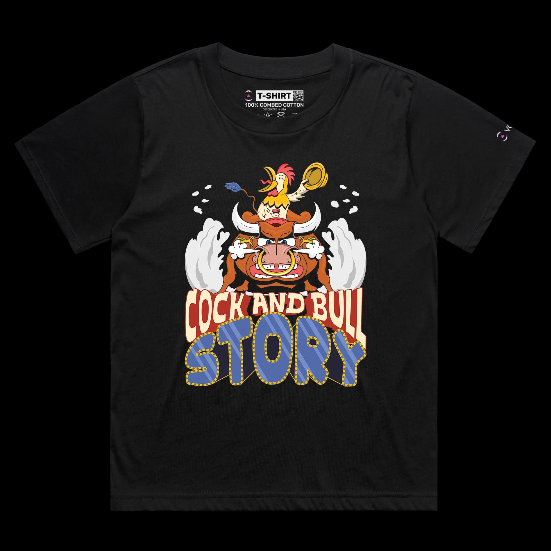 VOICEART Black Female Loose Cock and Bull Funny Animals T-shirt Premium Graphic Design Rooster Riding a Bull Clever Tee