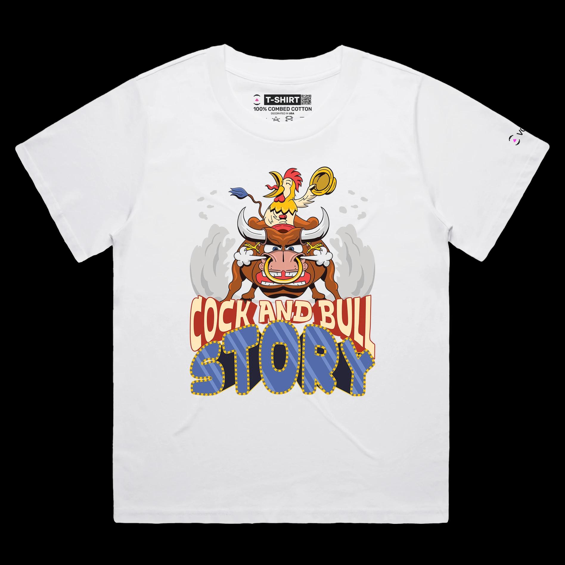 VOICEART White Female Loose Cock and Bull Funny Animals T-shirt Premium Graphic Design Rooster Riding a Bull Clever Tee