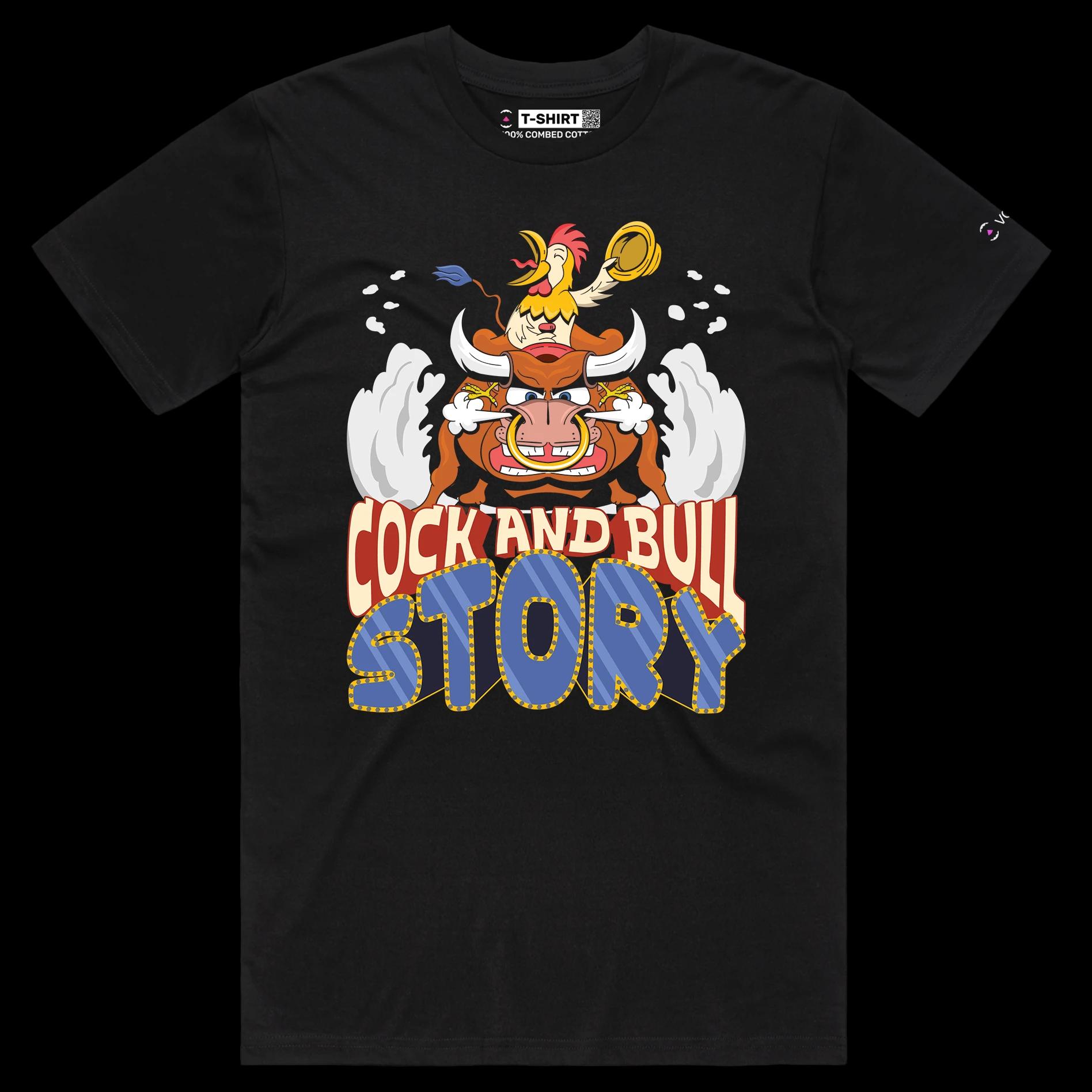 VOICEART Black Male Regular Cock and Bull Funny Animals T-shirt Premium Graphic Design Rooster Riding a Bull Clever Tee