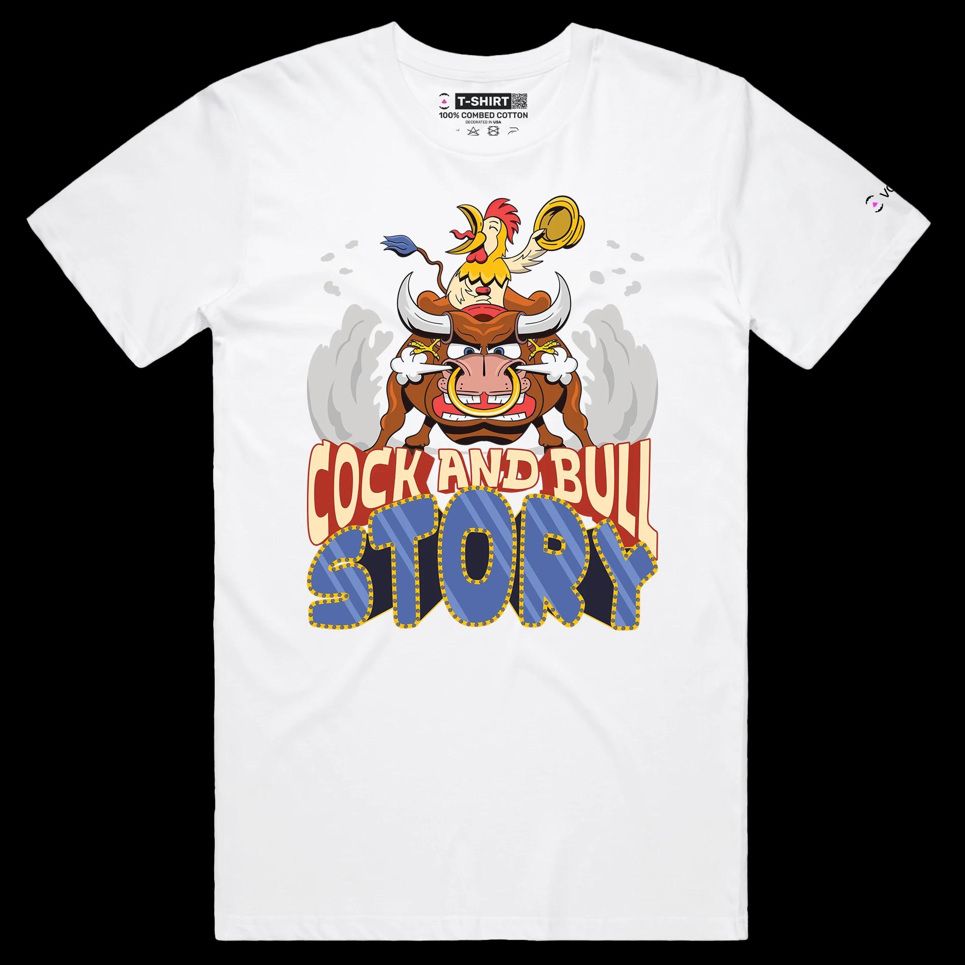 VOICEART White Male Regular Cock and Bull Funny Animals T-shirt Premium Graphic Design Rooster Riding a Bull Clever Tee