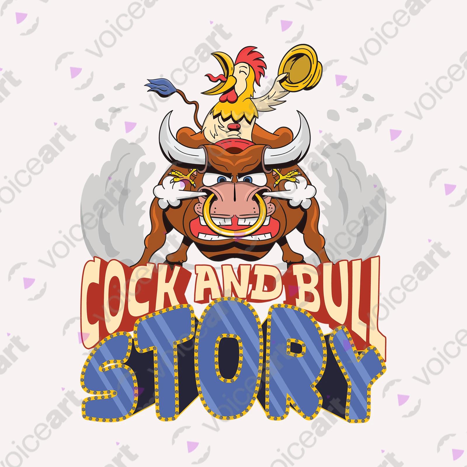 VOICEART White Watermark Cock and Bull Funny Animals T-shirt Premium Graphic Design Rooster Riding a Bull Clever Tee