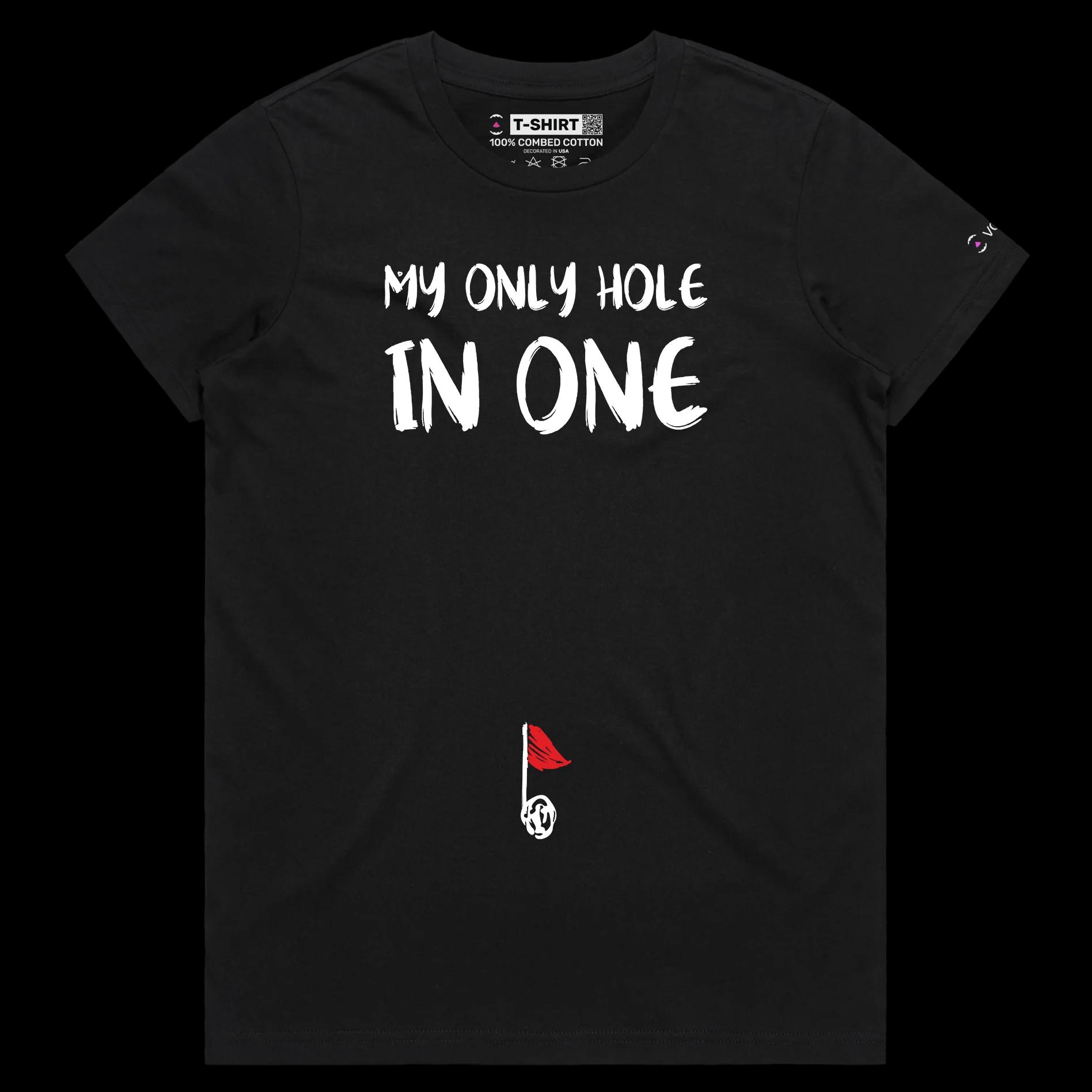 VOICEART Black Female Regular Golf Flagpole in a Belly Button Sports T-Shirt Premium Graphic Hole in One Funny Wordplay Tee