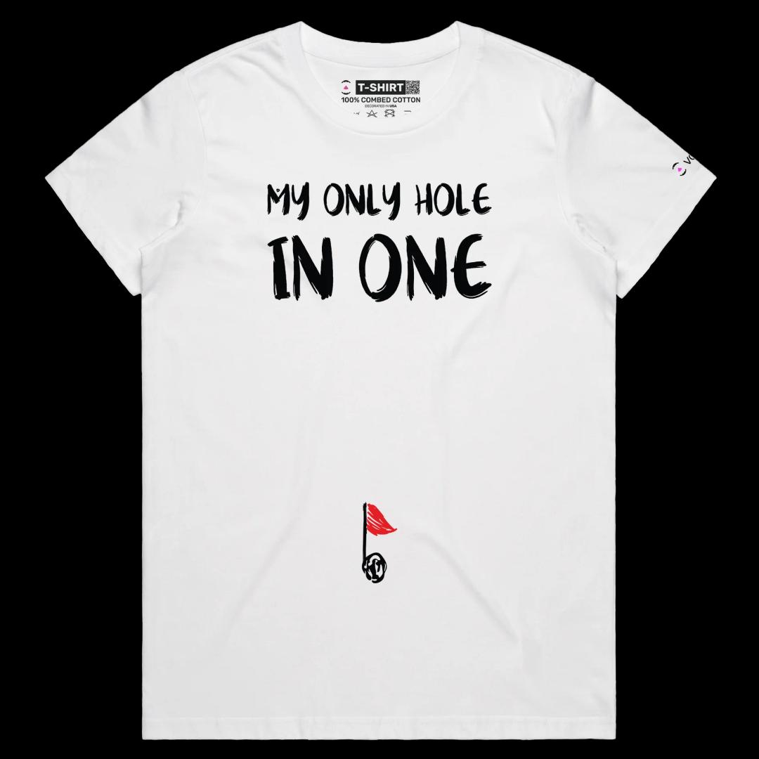 VOICEART White Female Regular Golf Flagpole in a Belly Button Sports T-Shirt Premium Graphic Hole in One Funny Wordplay Tee