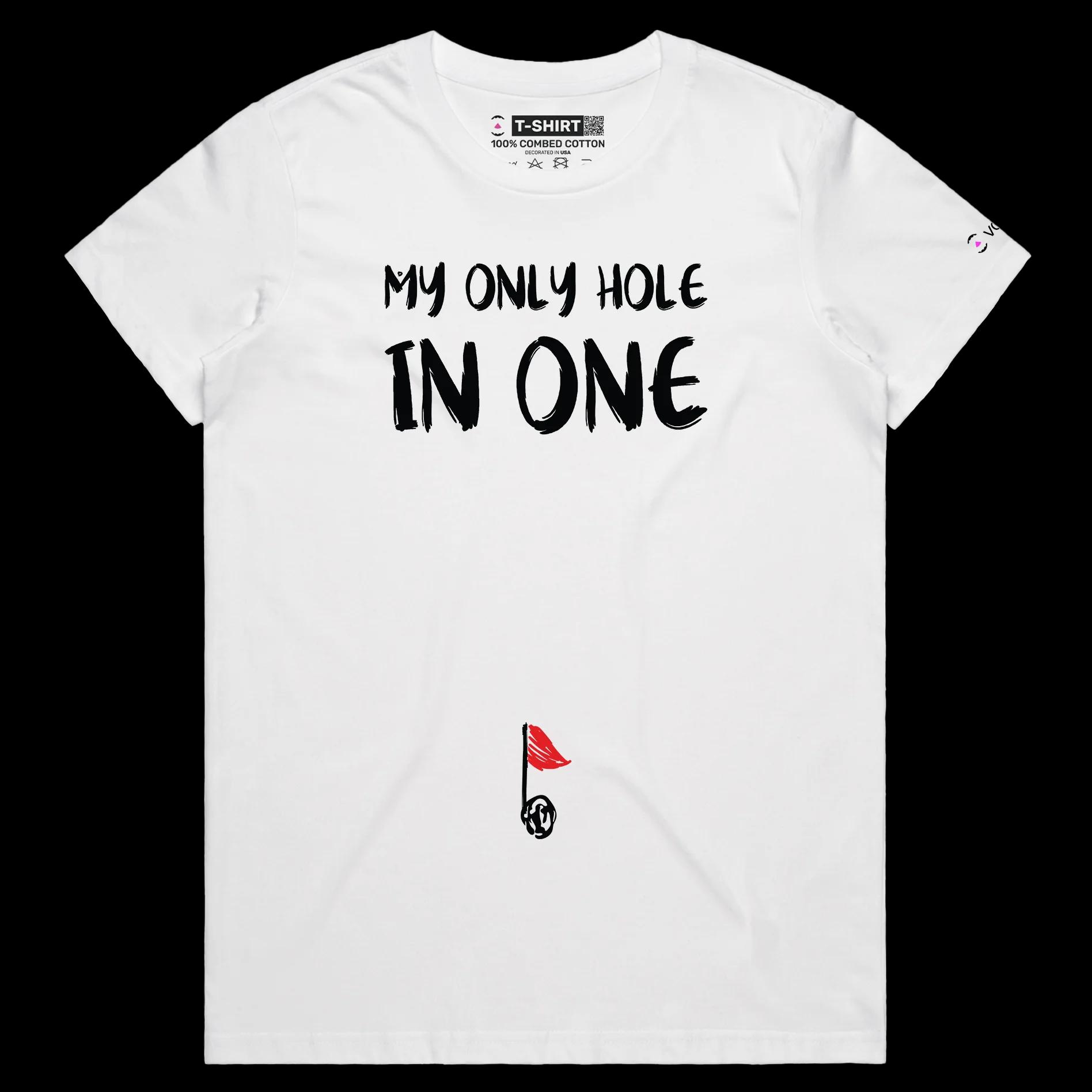 VOICEART White Female Regular Golf Flagpole in a Belly Button Sports T-Shirt Premium Graphic Hole in One Funny Wordplay Tee