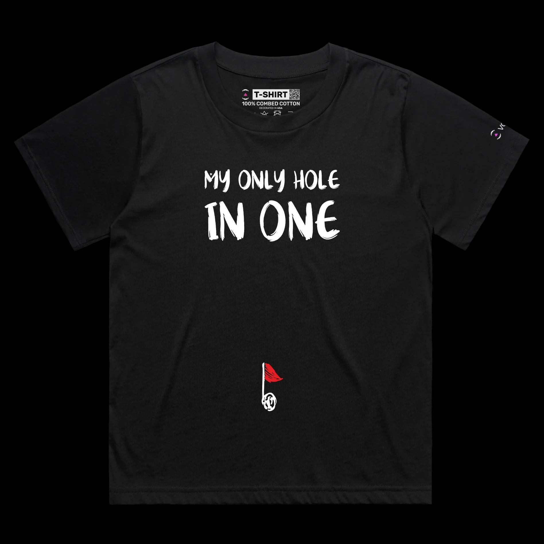 VOICEART White Female Loose Golf Flagpole in a Belly Button Sports T-Shirt Premium Graphic Hole in One Funny Wordplay Tee