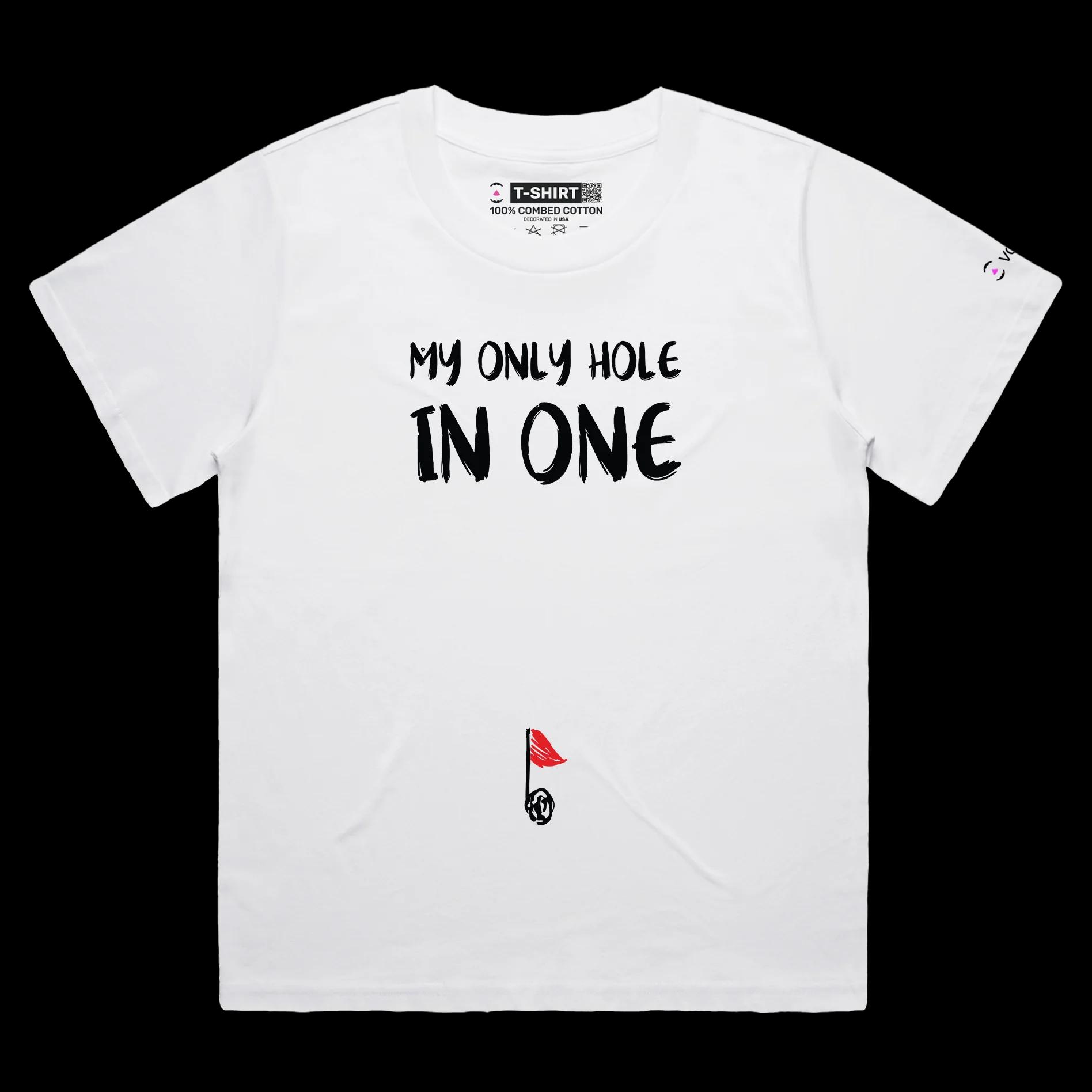 VOICEART White Female Loose Golf Flagpole in a Belly Button Sports T-Shirt Premium Graphic Hole in One Funny Wordplay Tee