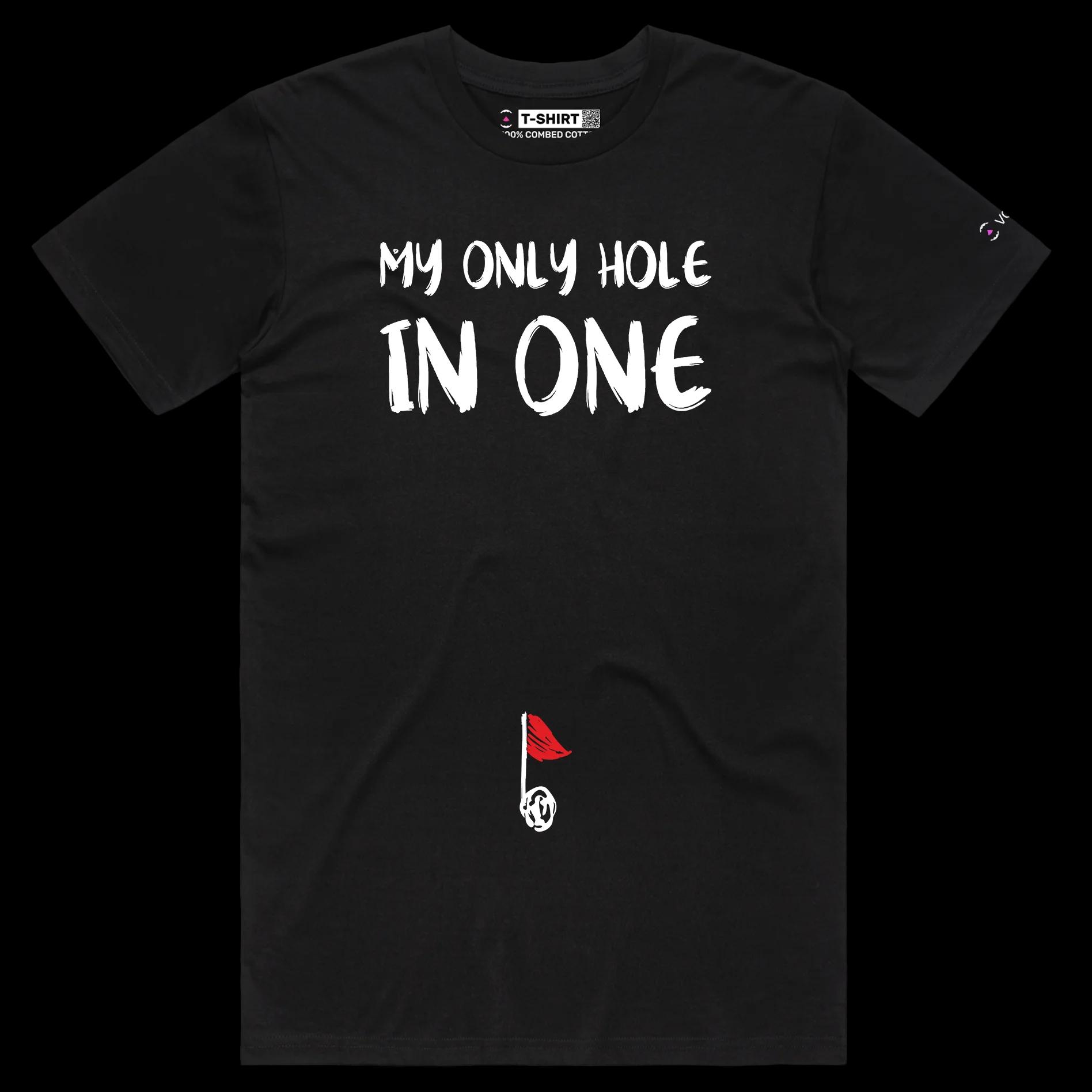 VOICEART Black Male Regular Golf Flagpole in a Belly Button Sports T-Shirt Premium Graphic Hole in One Funny Wordplay Tee