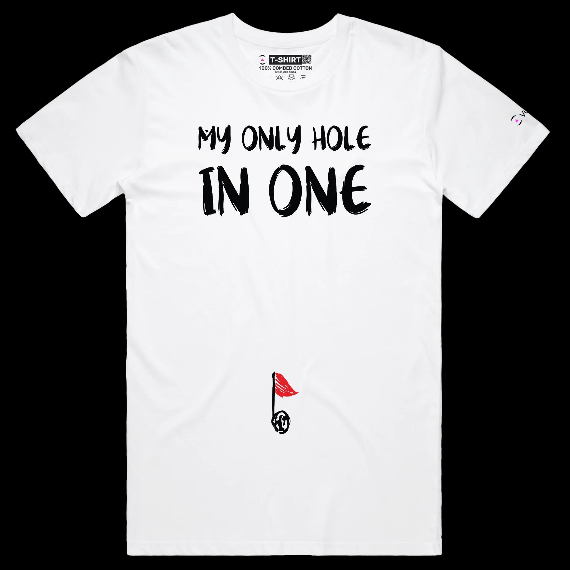 VOICEART White Male Regular Golf Flagpole in a Belly Button Sports T-Shirt Premium Graphic Hole in One Funny Wordplay Tee