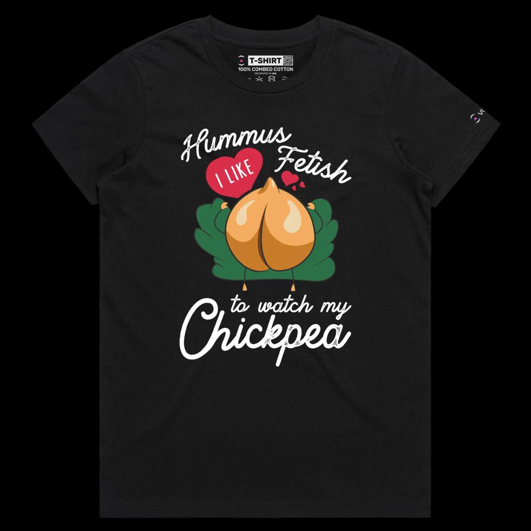 VOICEART Black Female Regular The Chickpea Fetish T-Shirt Premium Quality Graphic Funny Food and Drink Hummus Clever Wordplay