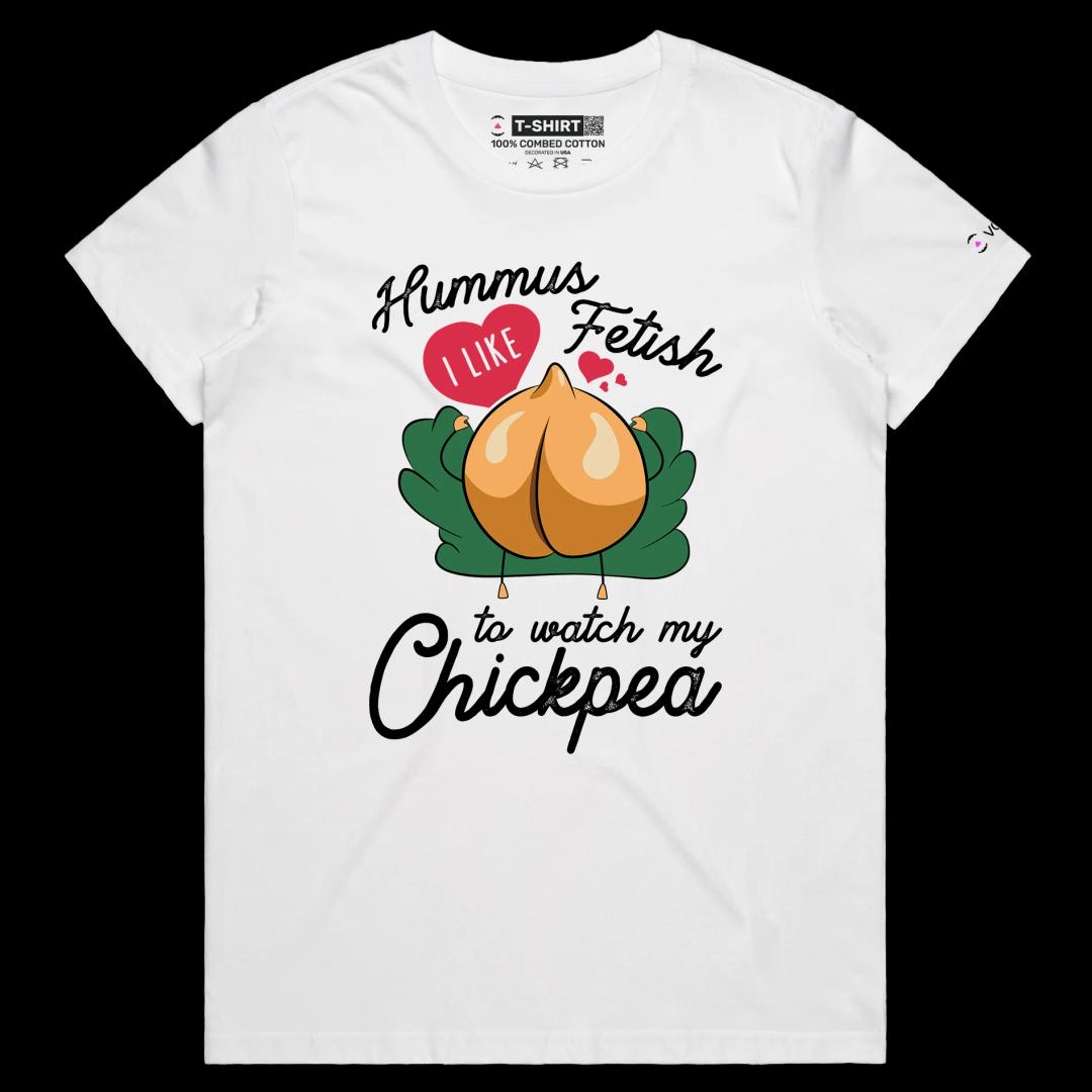 VOICEART White Female Regular The Chickpea Fetish T-Shirt Premium Quality Graphic Funny Food and Drink Hummus Clever Wordplay