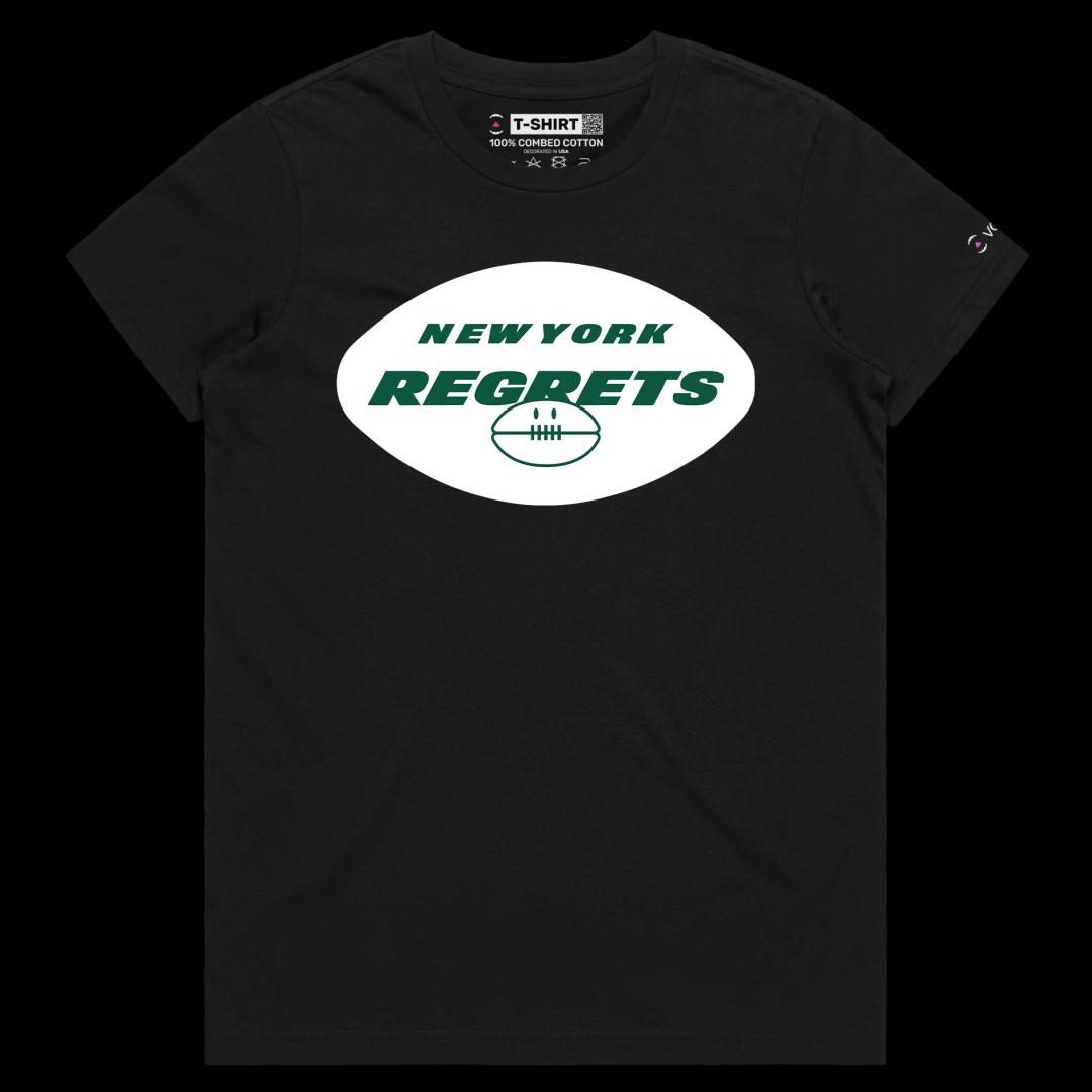 VOICEART Black Female Regular New York Regrets T-Shirt Quality Graphic Premium Design Funny Wordplay American Football Fans