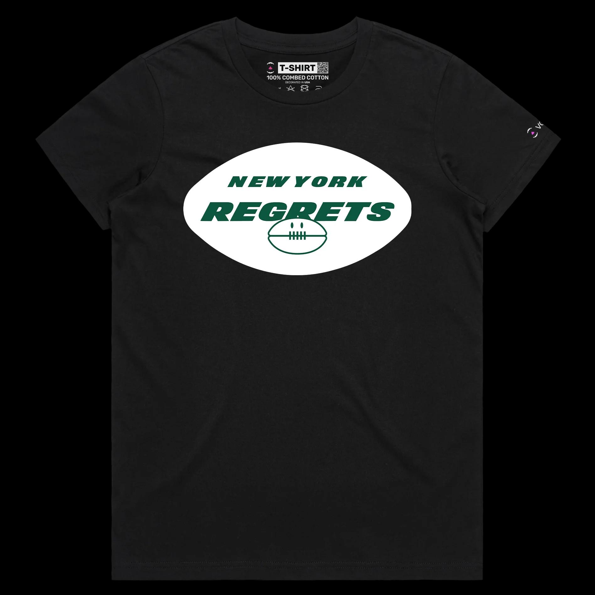 VOICEART Black Female Regular New York Regrets T-Shirt Quality Graphic Premium Design Funny Wordplay American Football Fans