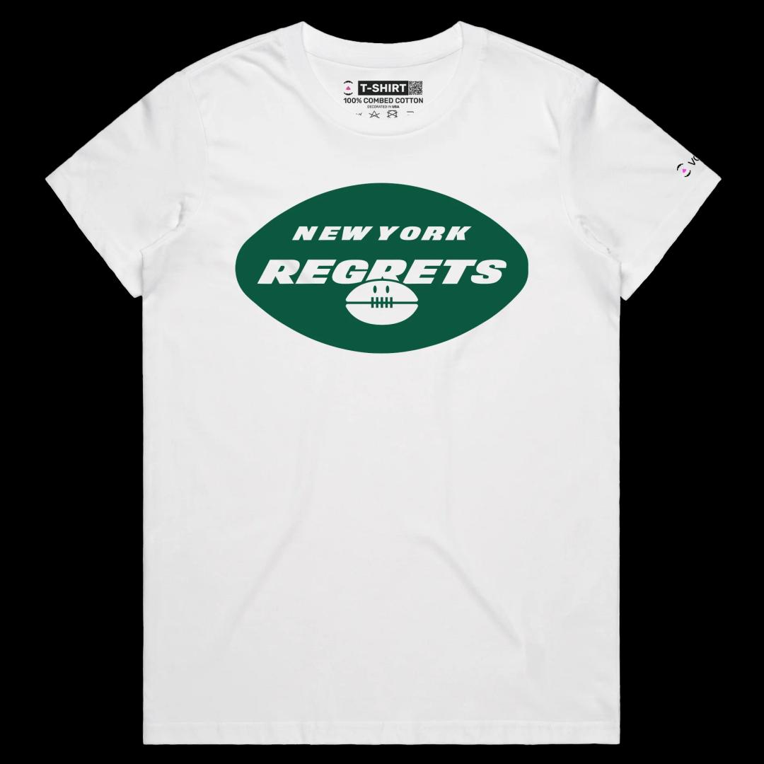 VOICEART White Female Regular New York Regrets T-Shirt Quality Graphic Premium Design Funny Wordplay American Football Fans