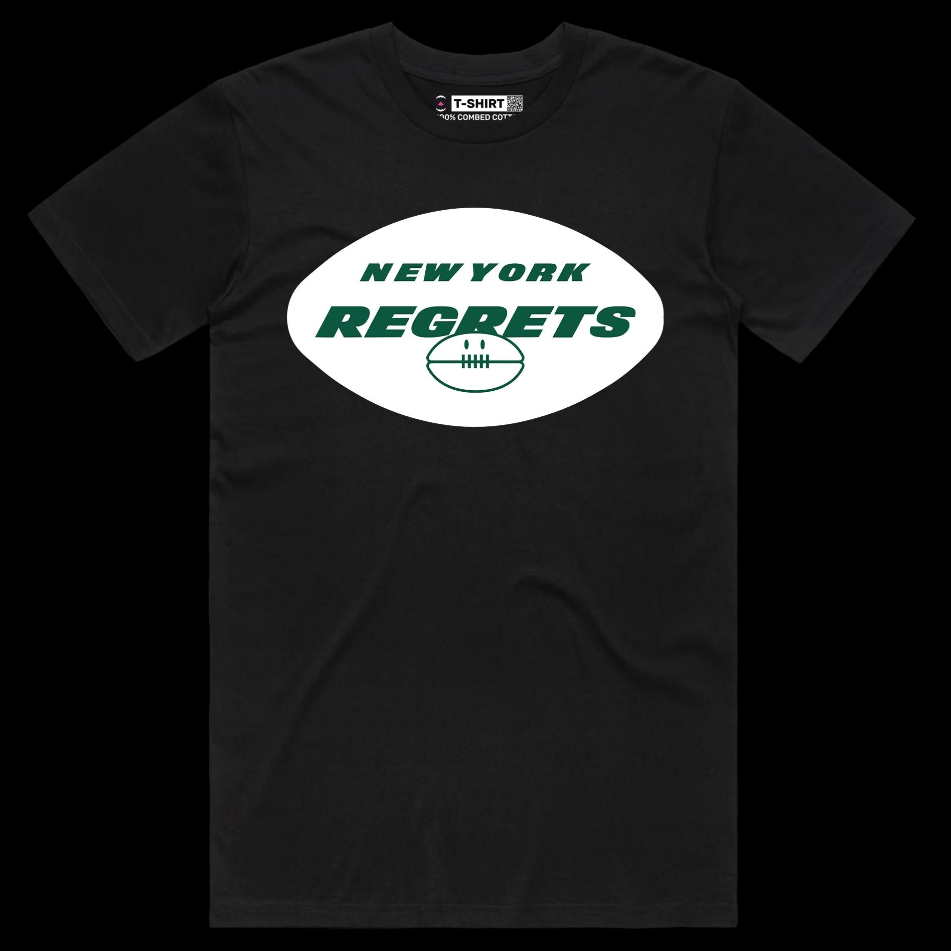 VOICEART Black Male Regular New York Regrets T-Shirt Quality Graphic Premium Design Funny Wordplay American Football Fans