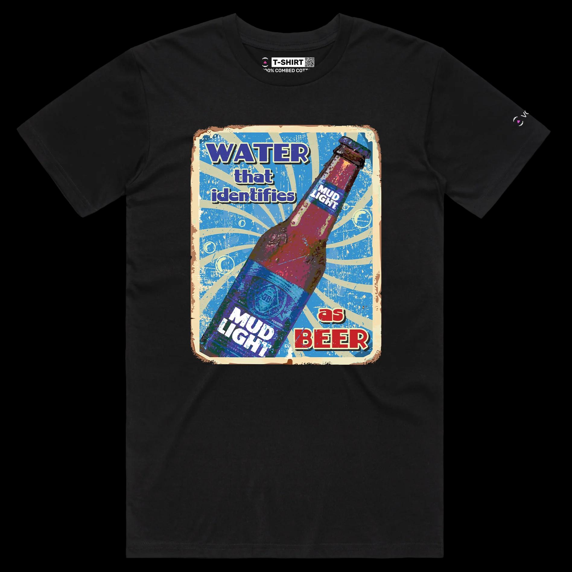 VOICEART Black Male Regular Mud Light Water Beer Funny T-Shirt Quality Graphic Premium Design Sarcastic Identity v2