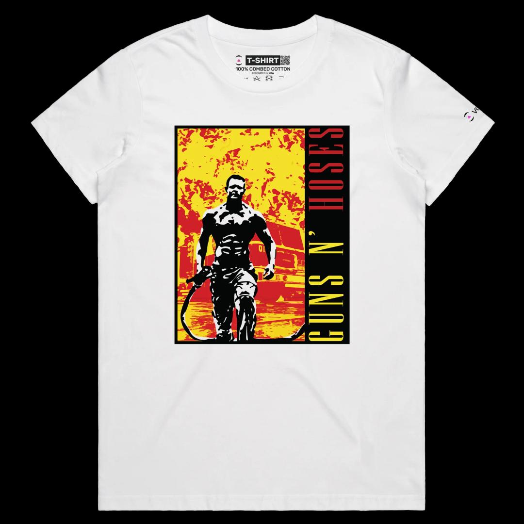 VOICEART White Female Regular Fireman with a Hose Funny T-Shirt Premium Quality Graphic Design Heavy Metal Music Wordplay Tee