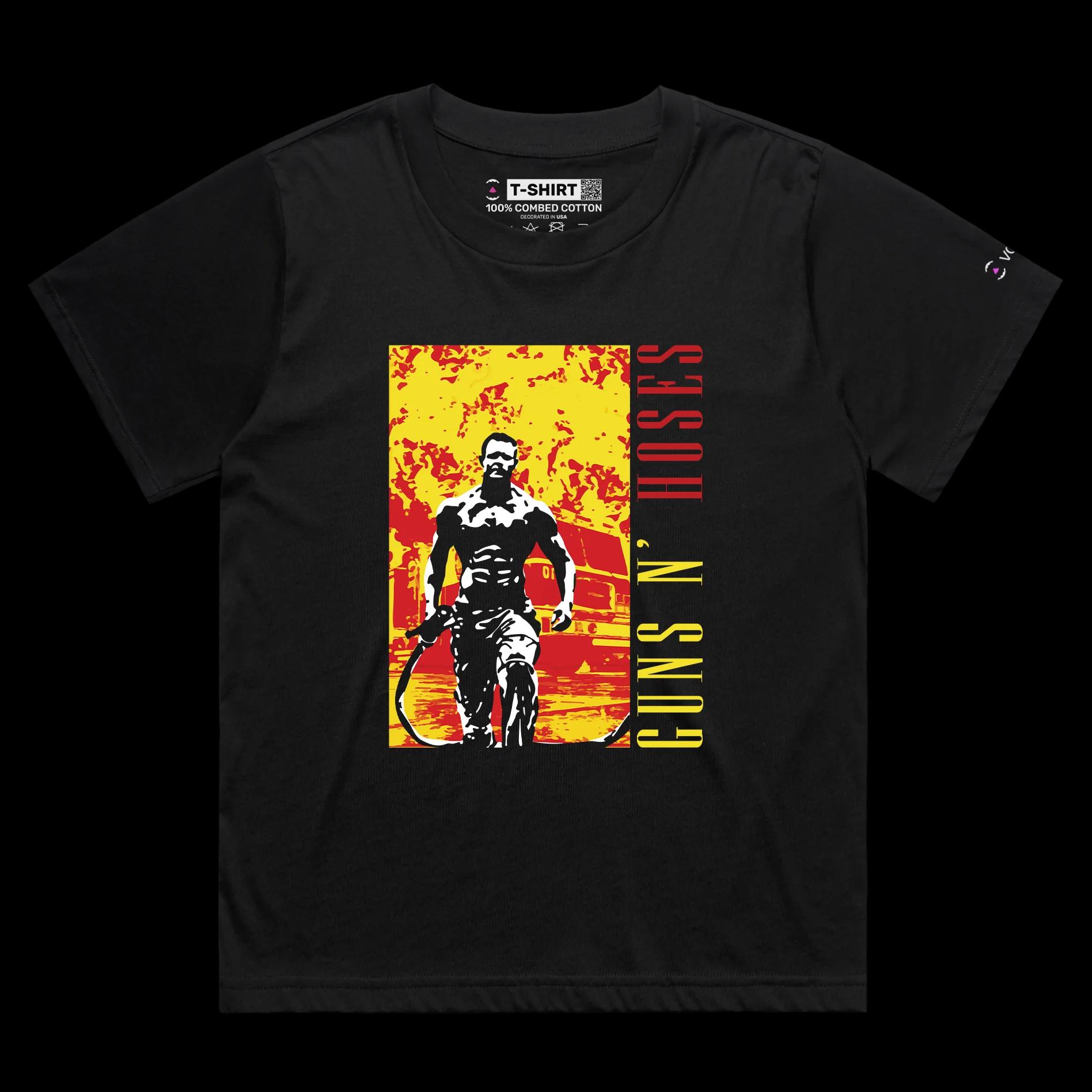 VOICEART Black Female Loose Fireman with a Hose Funny T-Shirt Premium Quality Graphic Design Heavy Metal Music Wordplay Tee