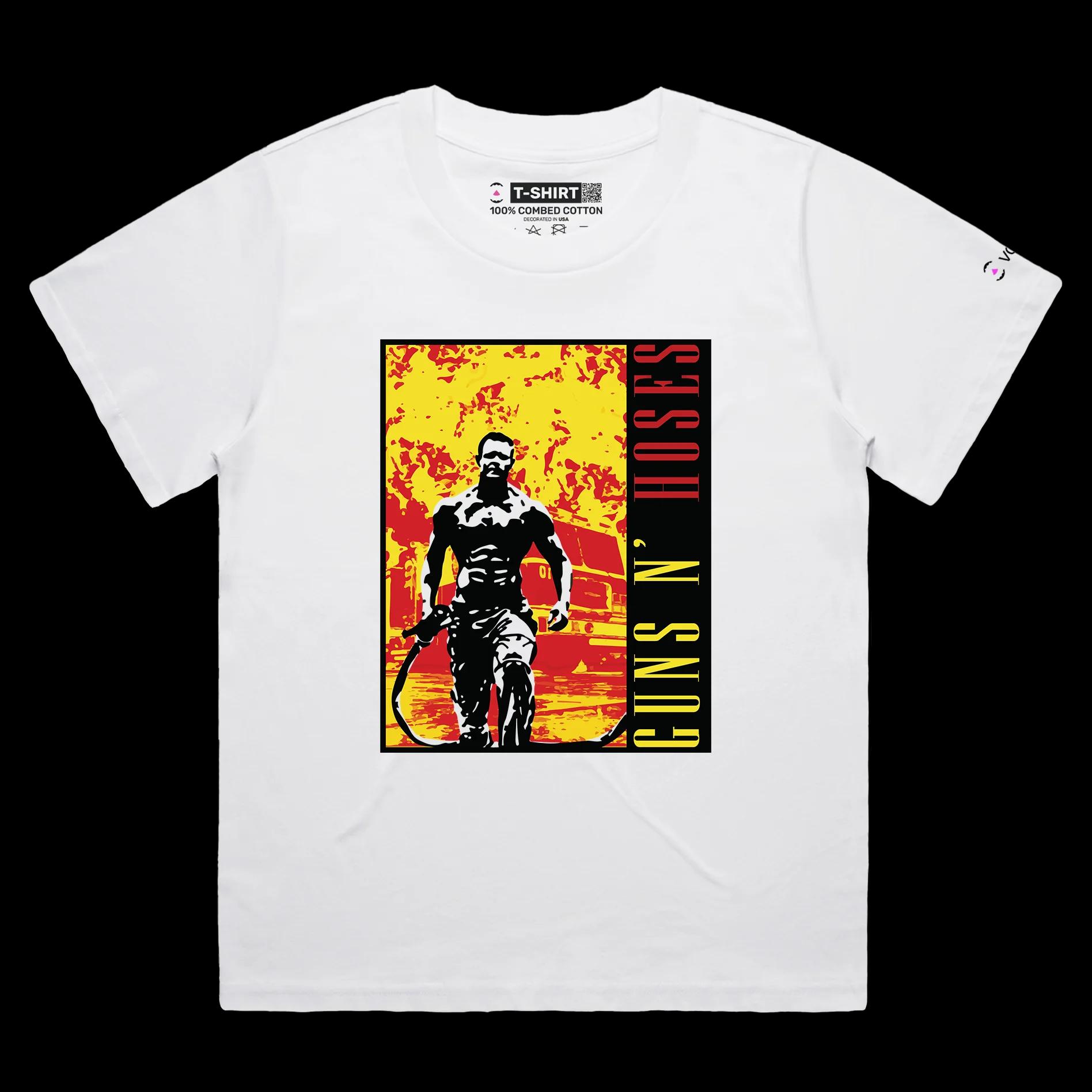 VOICEART White Female Loose Fireman with a Hose Funny T-Shirt Premium Quality Graphic Design Heavy Metal Music Wordplay Tee