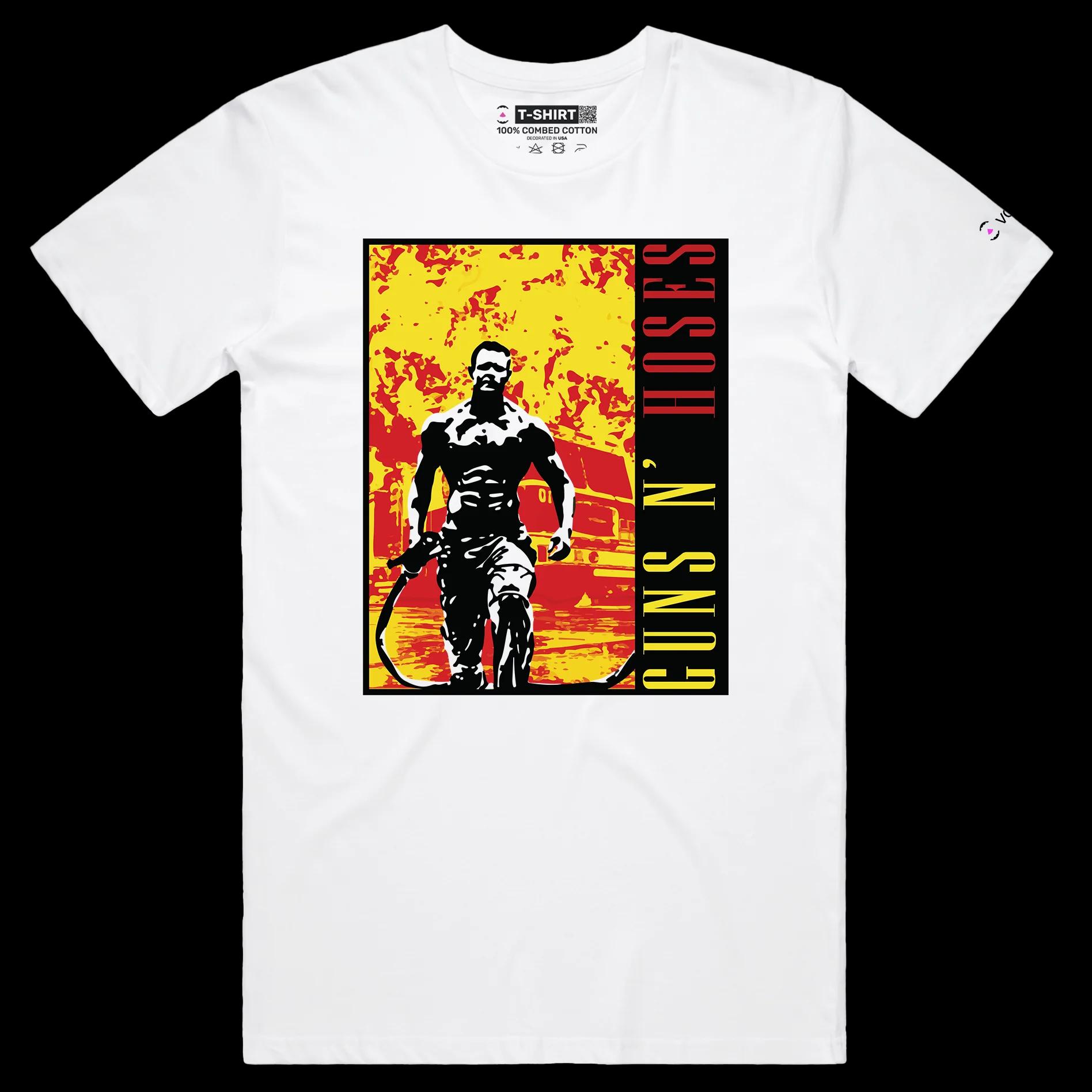 VOICEART White Male Regular Fireman with a Hose Funny T-Shirt Premium Quality Graphic Design Heavy Metal Music Wordplay Tee