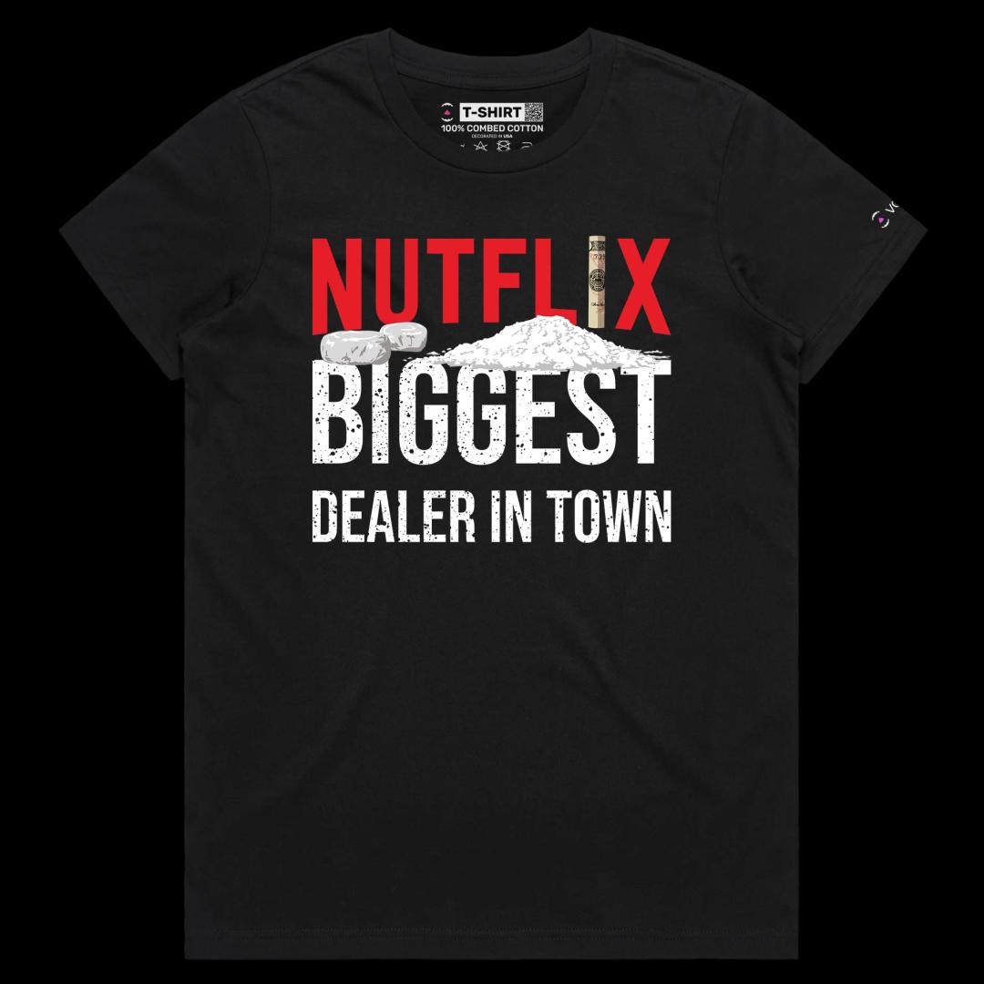VOICEART Black Female Regular Nutflix Media Funny Wordplay T-Shirt Premium Quality Graphic Entertainment Streaming Tee