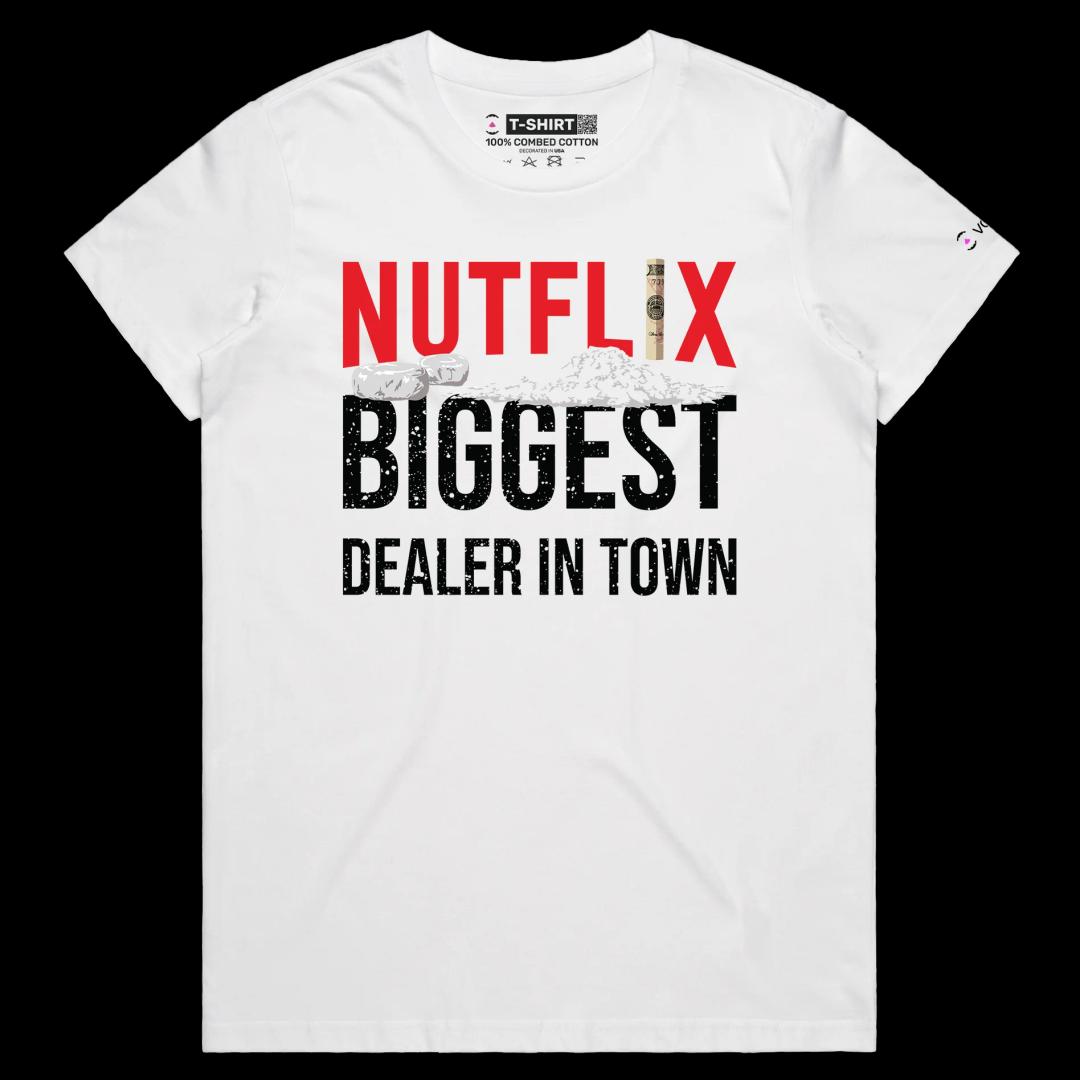 VOICEART White Female Regular Nutflix Media Funny Wordplay T-Shirt Premium Quality Graphic Entertainment Streaming Tee