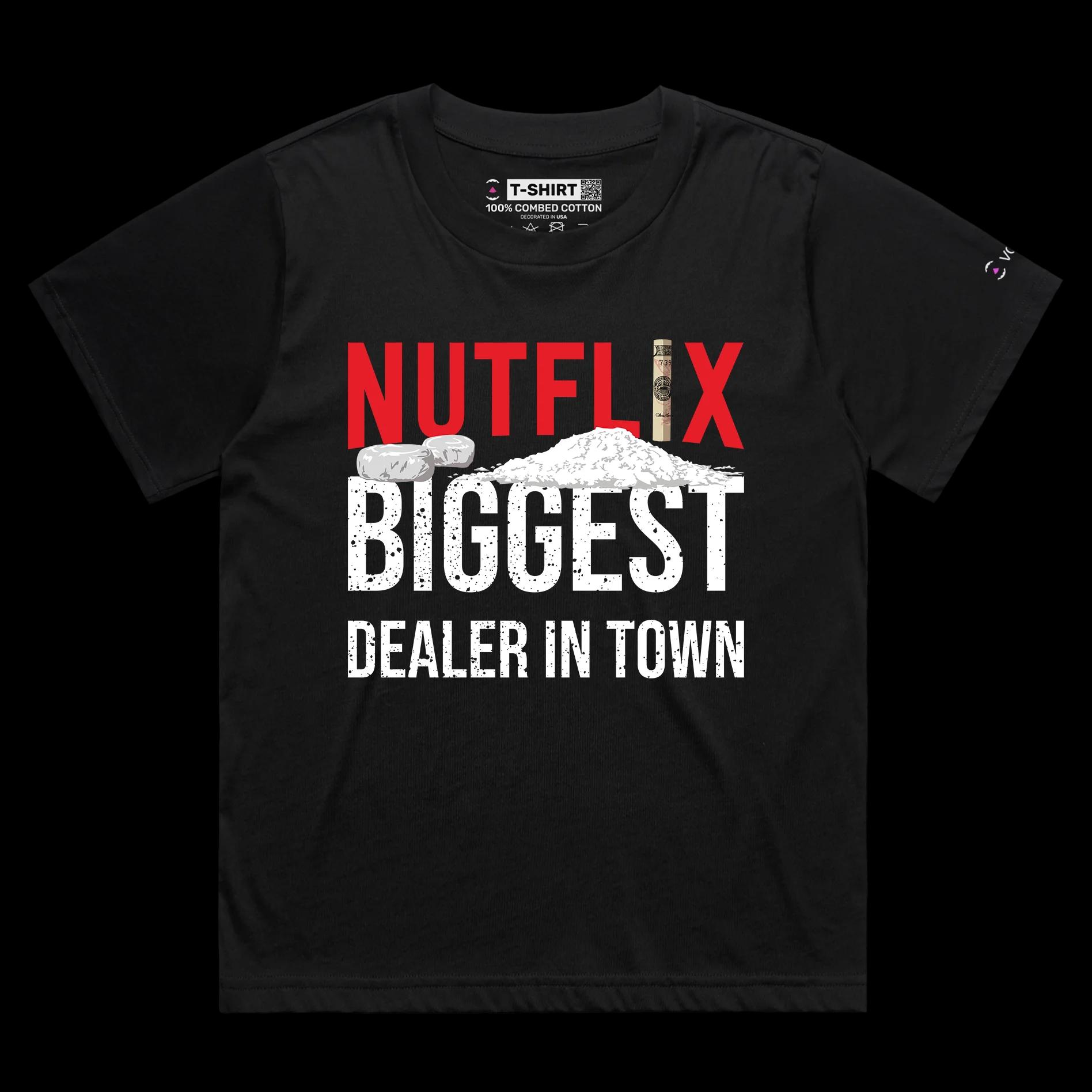 VOICEART Black Female Loose Nutflix Media Funny Wordplay T-Shirt Premium Quality Graphic Entertainment Streaming Tee