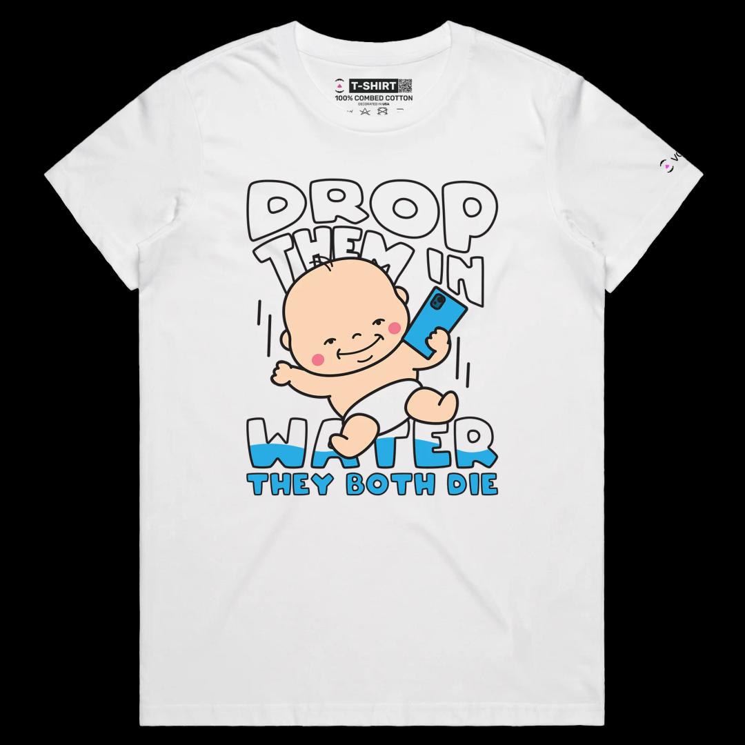 VOICEART White Female Regular Babies and Phones T-Shirt Premium Quality Graphic and Dark Humor Design Funny Sick Jokes