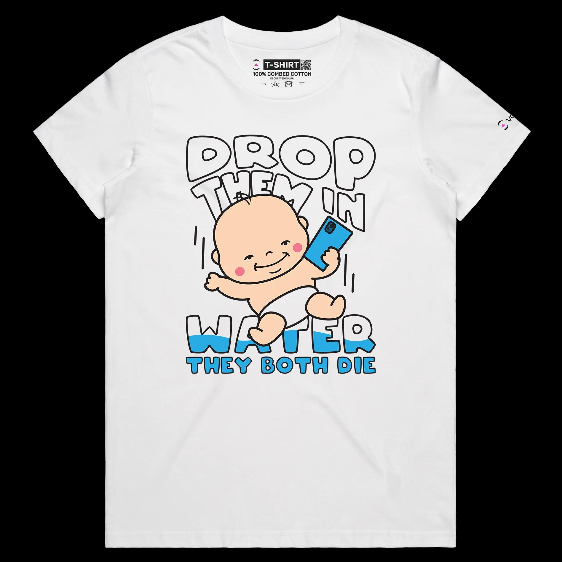 VOICEART White Female Regular Babies and Phones T-Shirt Premium Quality Graphic and Dark Humor Design Funny Sick Jokes
