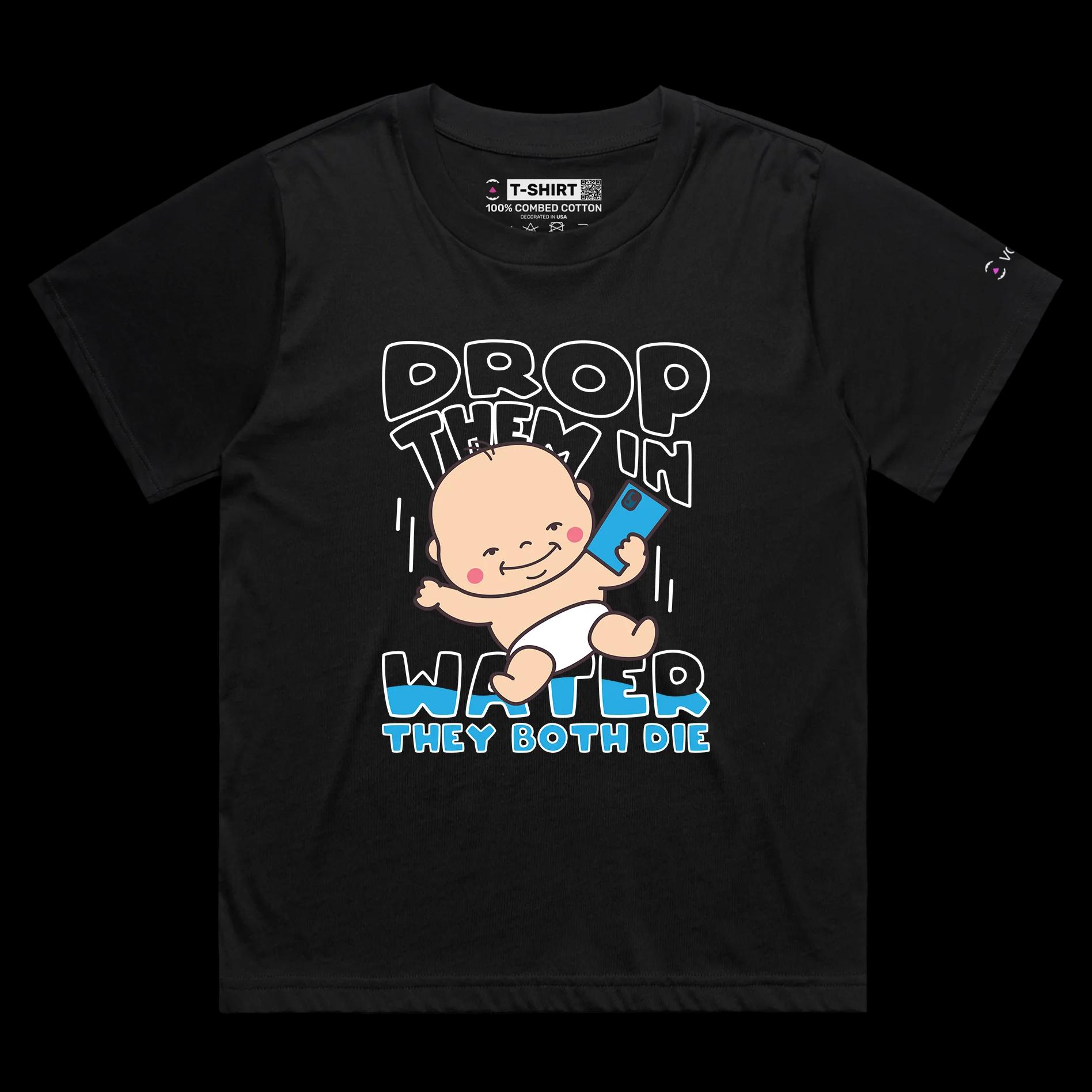 VOICEART Black Female Loose Babies and Phones T-Shirt Premium Quality Graphic and Dark Humor Design Funny Sick Jokes