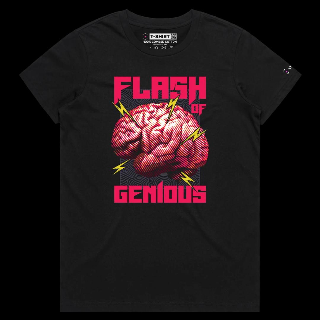 VOICEART Black Female Regular Flash of Genius T-Shirt Premium Quality Graphic Clever Design Inspirational Lightbulb Moment